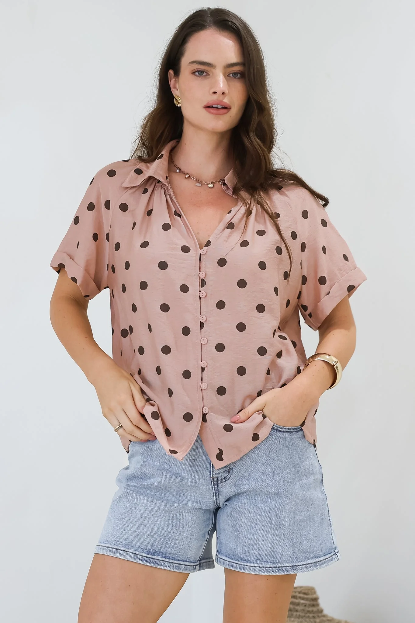 Yohanna Blouse - Collared Button Down in Pacey Spot Pink - Image 8