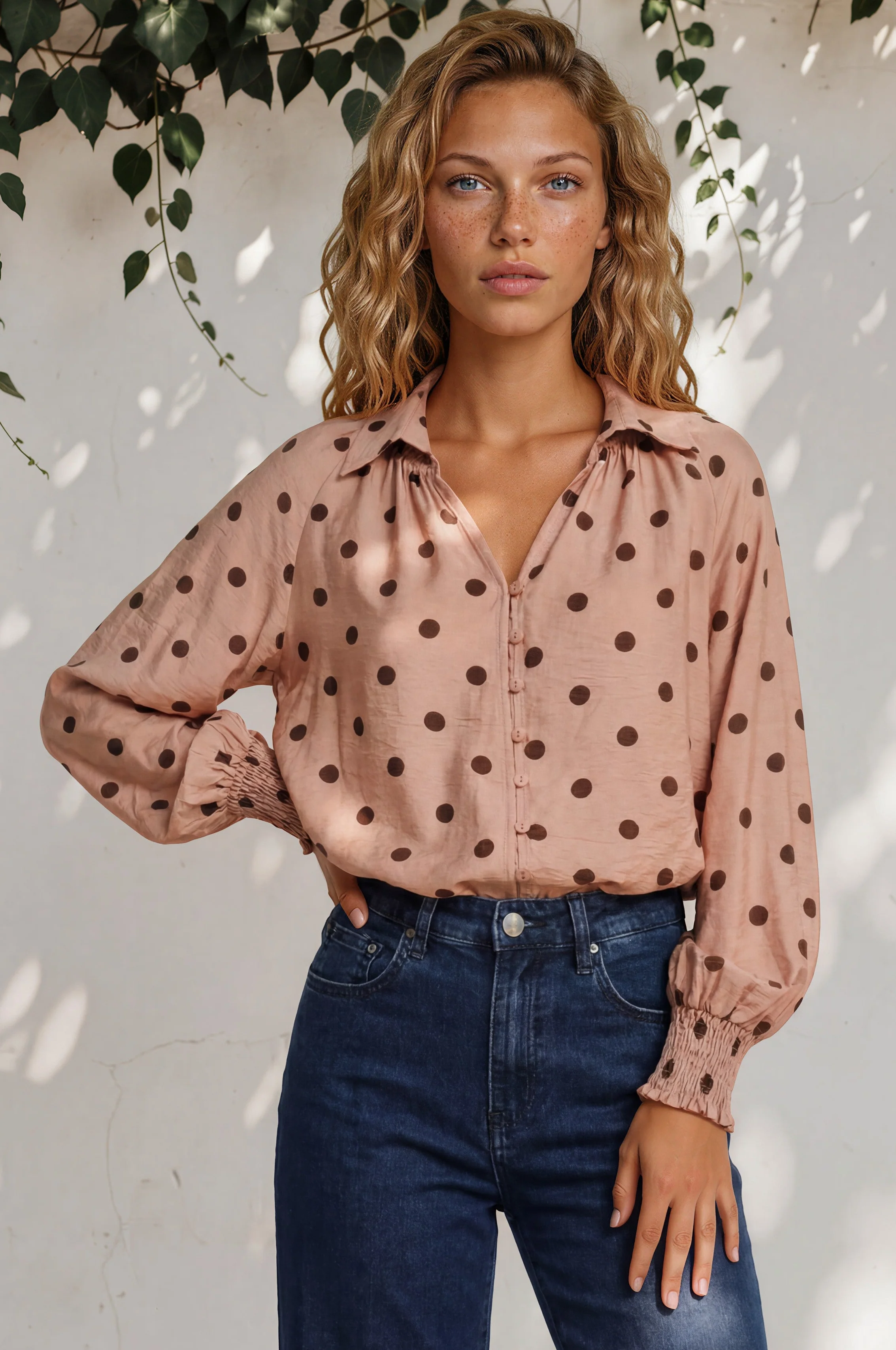 Yulissa Blouse - Wing Collar Button Down Scoop Hem Top in Pacey Spot Pink