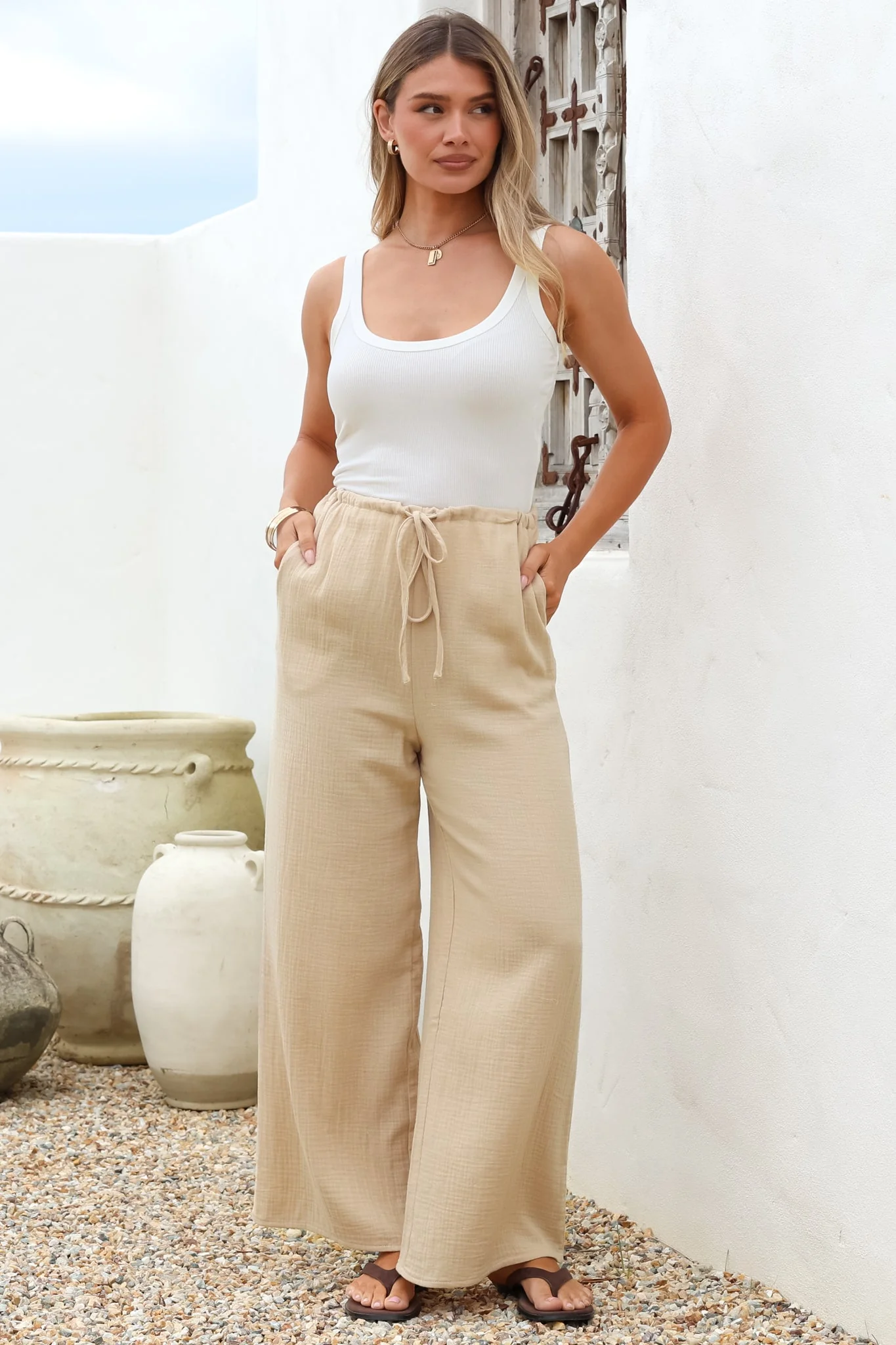 Zafira Pants - High Waisted Cheesecloth Pants with Waist Tie in Beige - Image 2