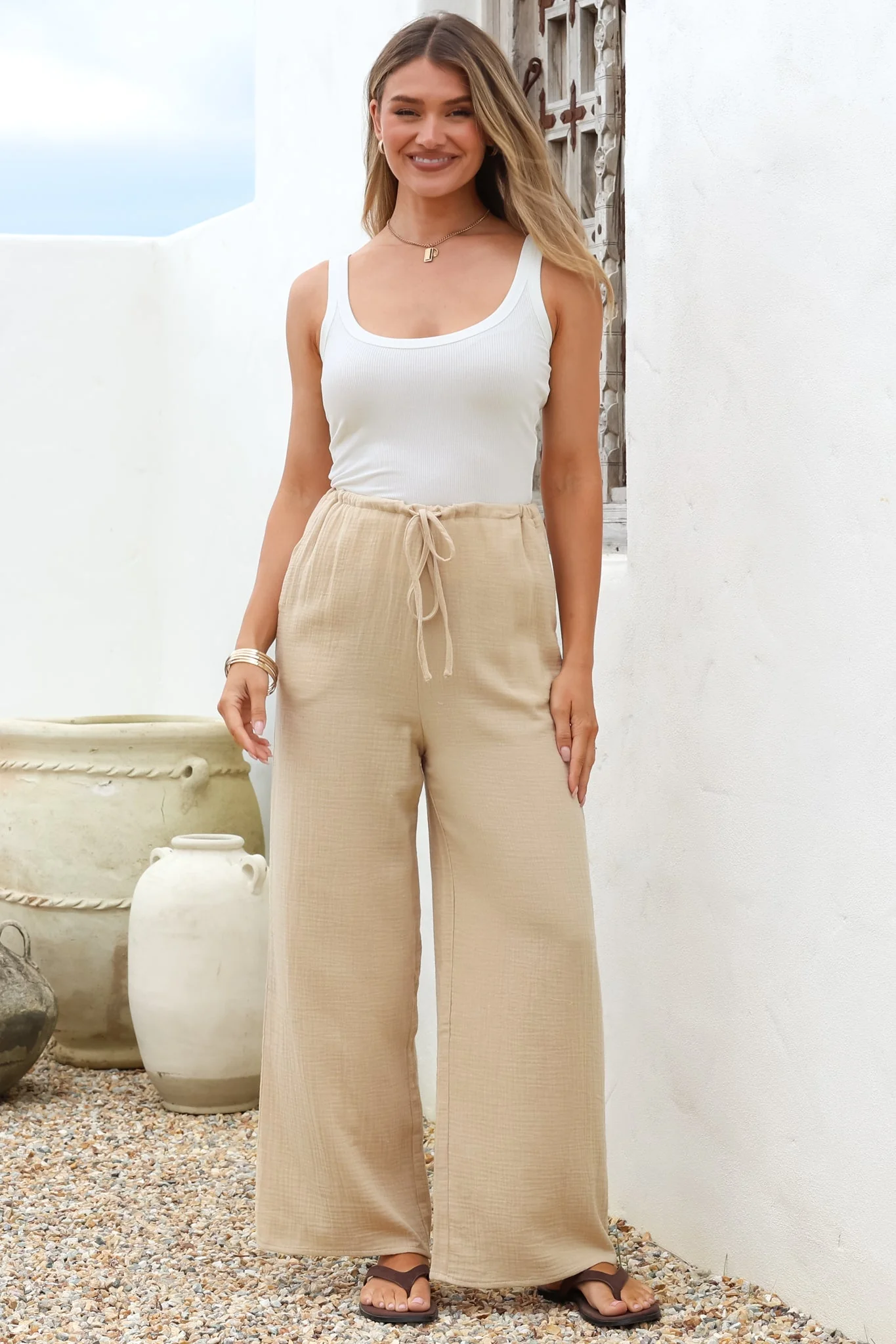Zafira Pants - High Waisted Cheesecloth Pants with Waist Tie in Beige - Image 4