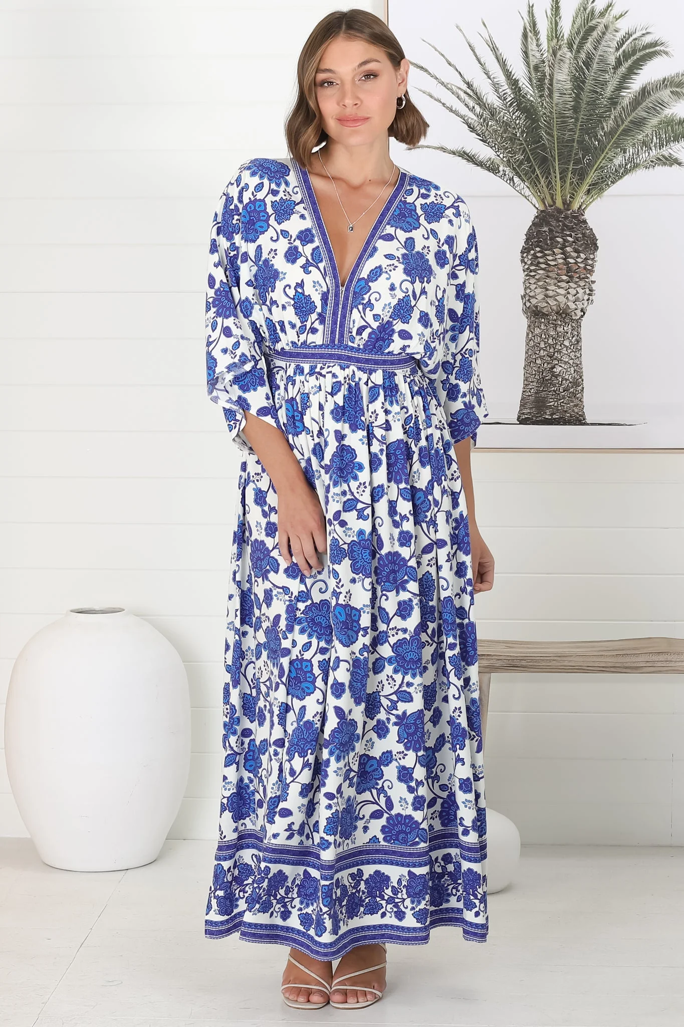 Zelle Maxi Dress - V Neck Batwing Sleeve Dress with Side Splits in Kailin Print Blue - Image 10