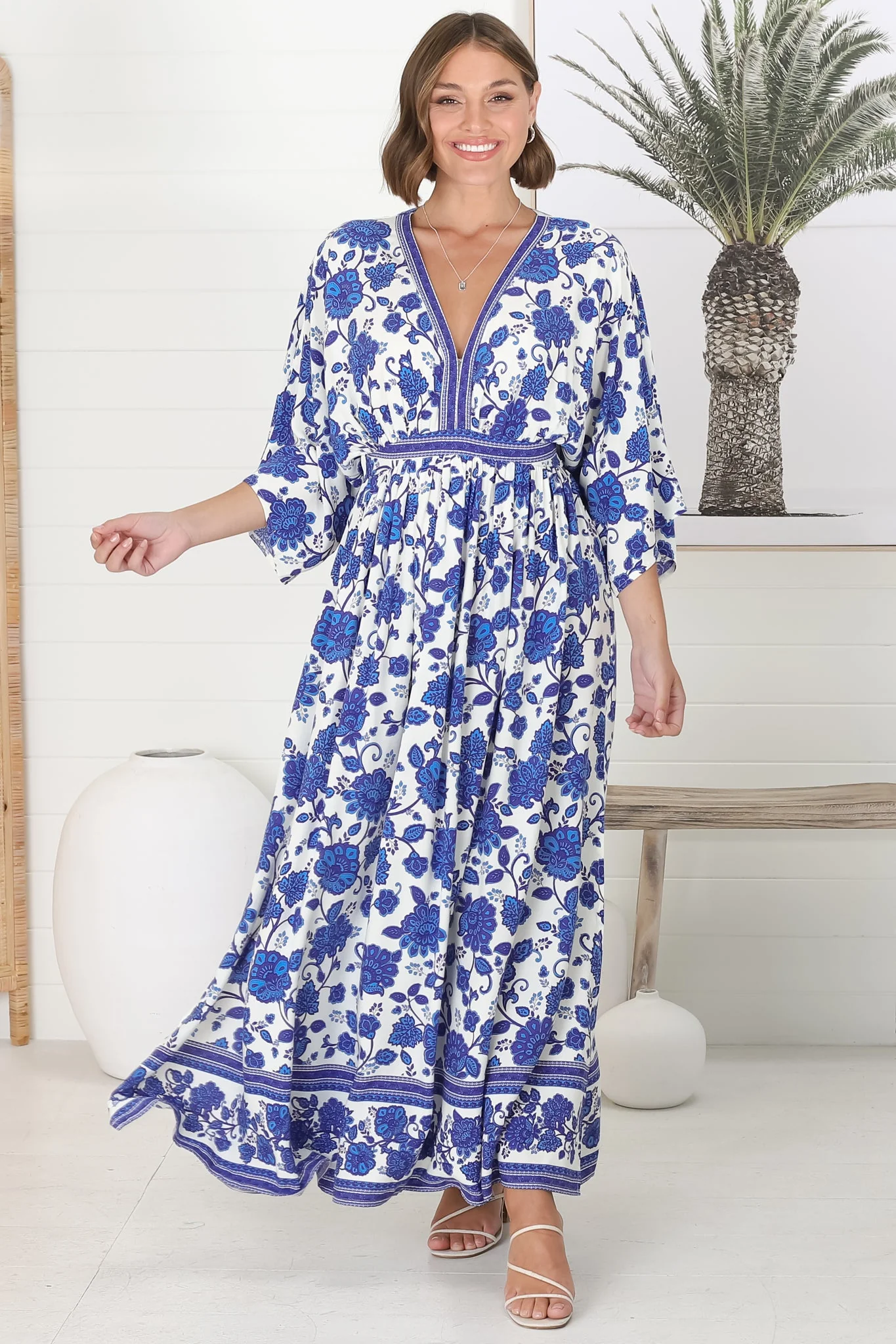 Zelle Maxi Dress - V Neck Batwing Sleeve Dress with Side Splits in Kailin Print Blue - Image 13