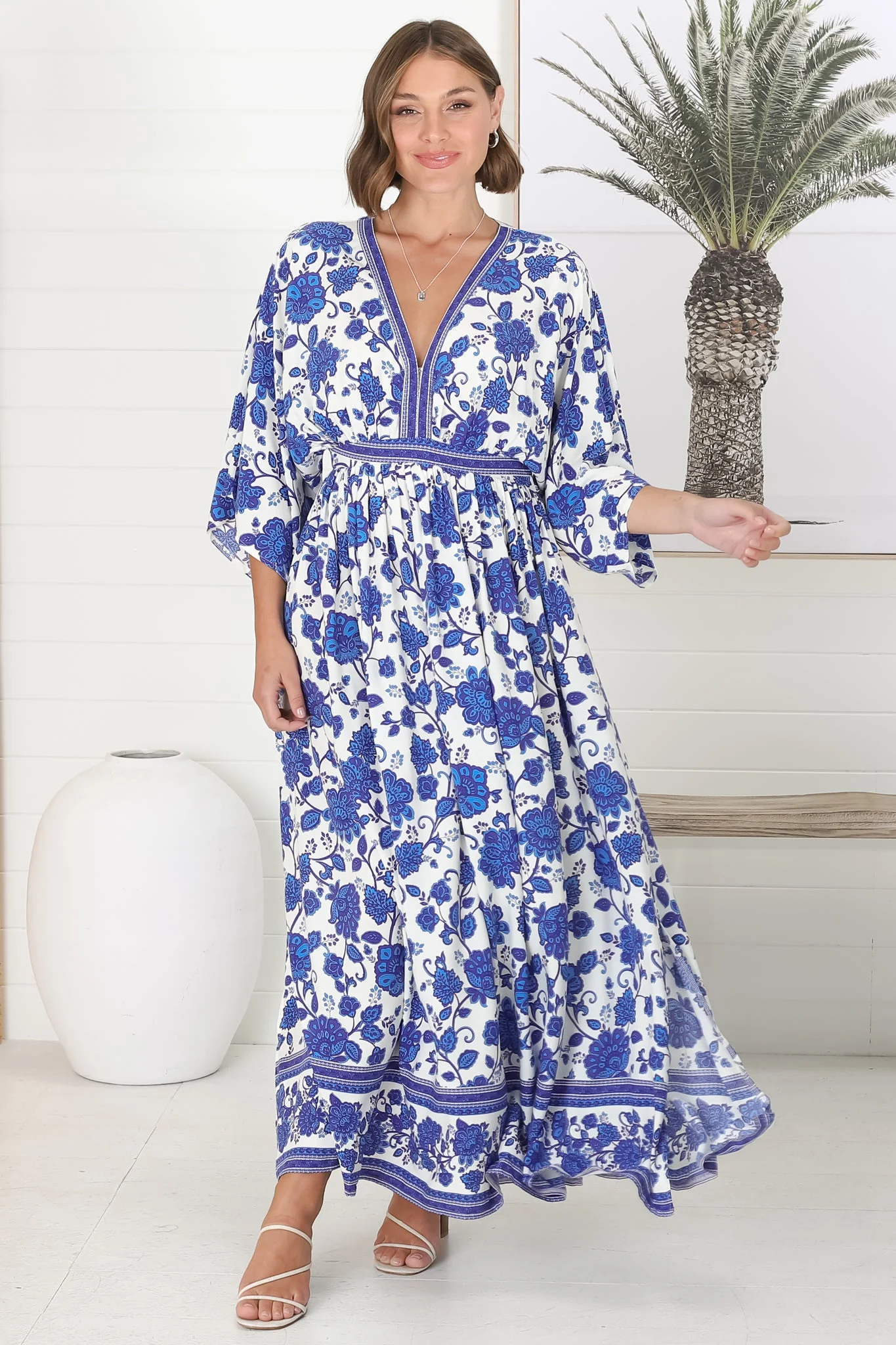Zelle Maxi Dress - V Neck Batwing Sleeve Dress with Side Splits in Kailin Print Blue - Image 14