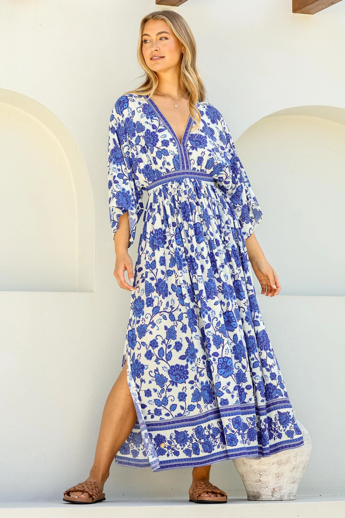 Zelle Maxi Dress - V Neck Batwing Sleeve Dress with Side Splits in Kailin Print Blue - Image 3