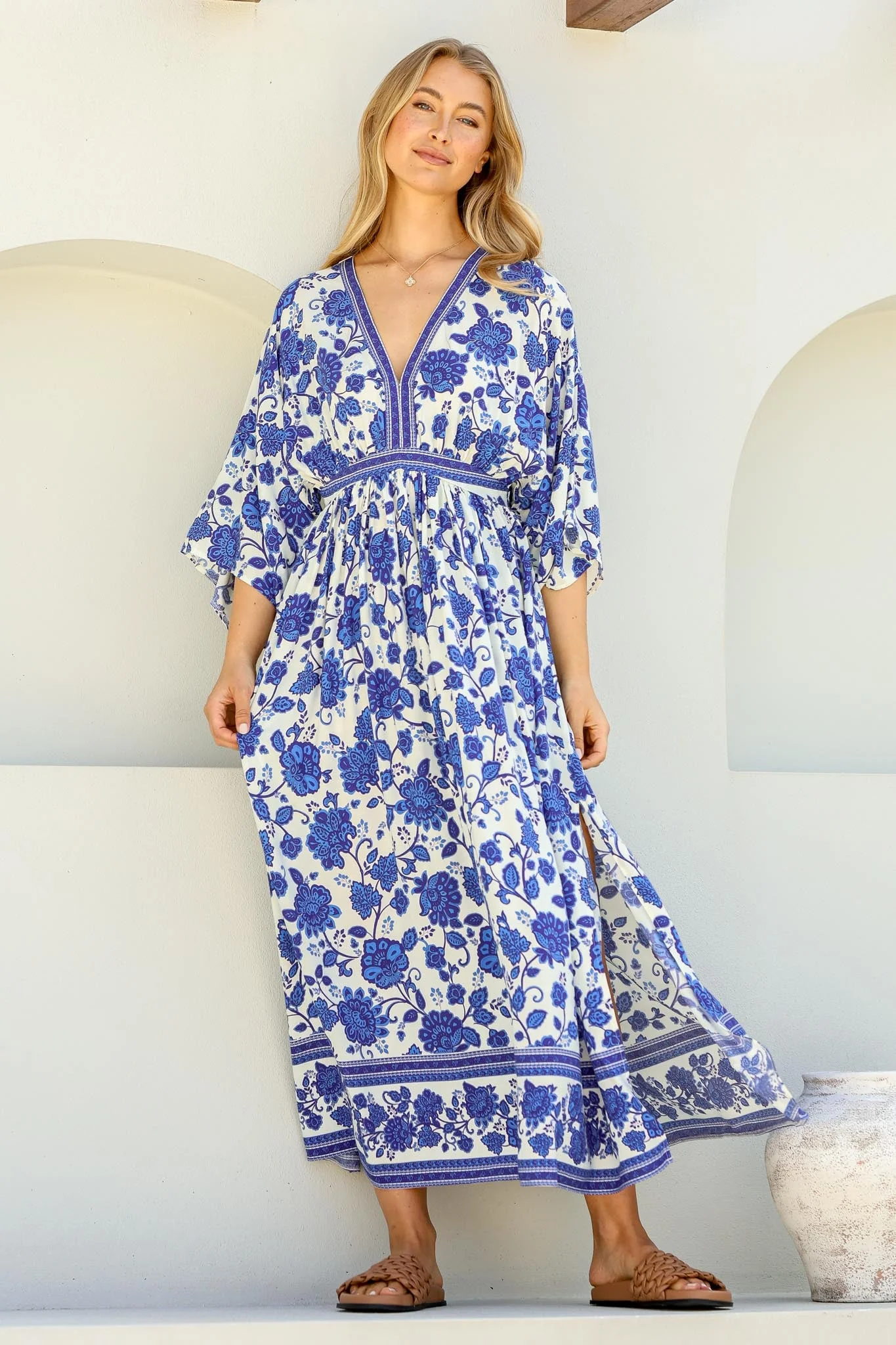 Zelle Maxi Dress - V Neck Batwing Sleeve Dress with Side Splits in Kailin Print Blue - Image 4