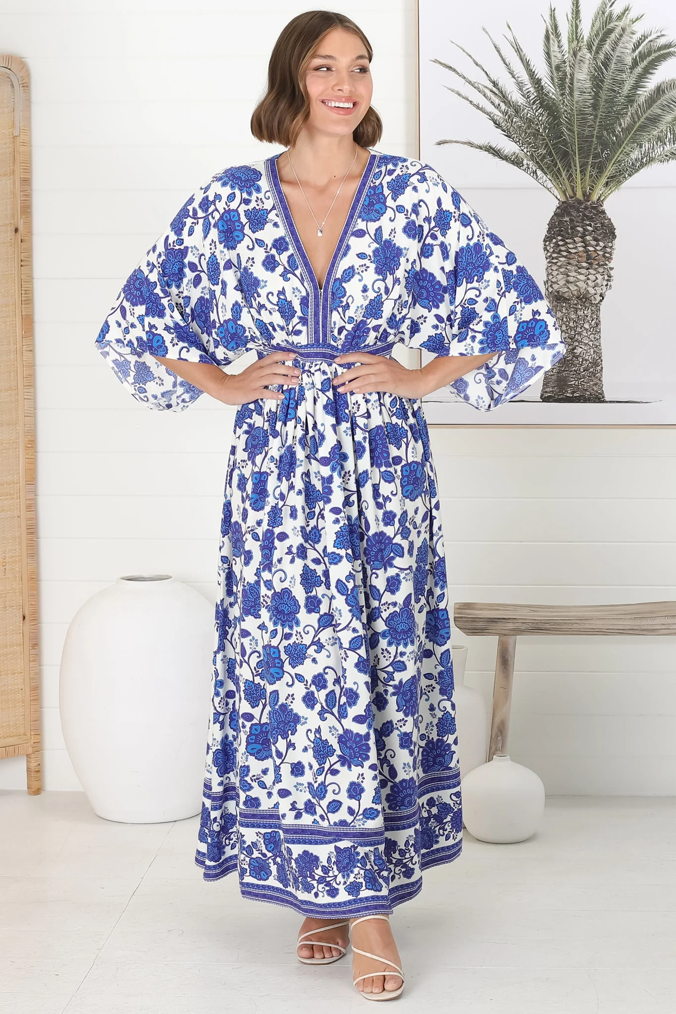 Zelle Maxi Dress - V Neck Batwing Sleeve Dress with Side Splits in Kailin Print Blue - Image 6