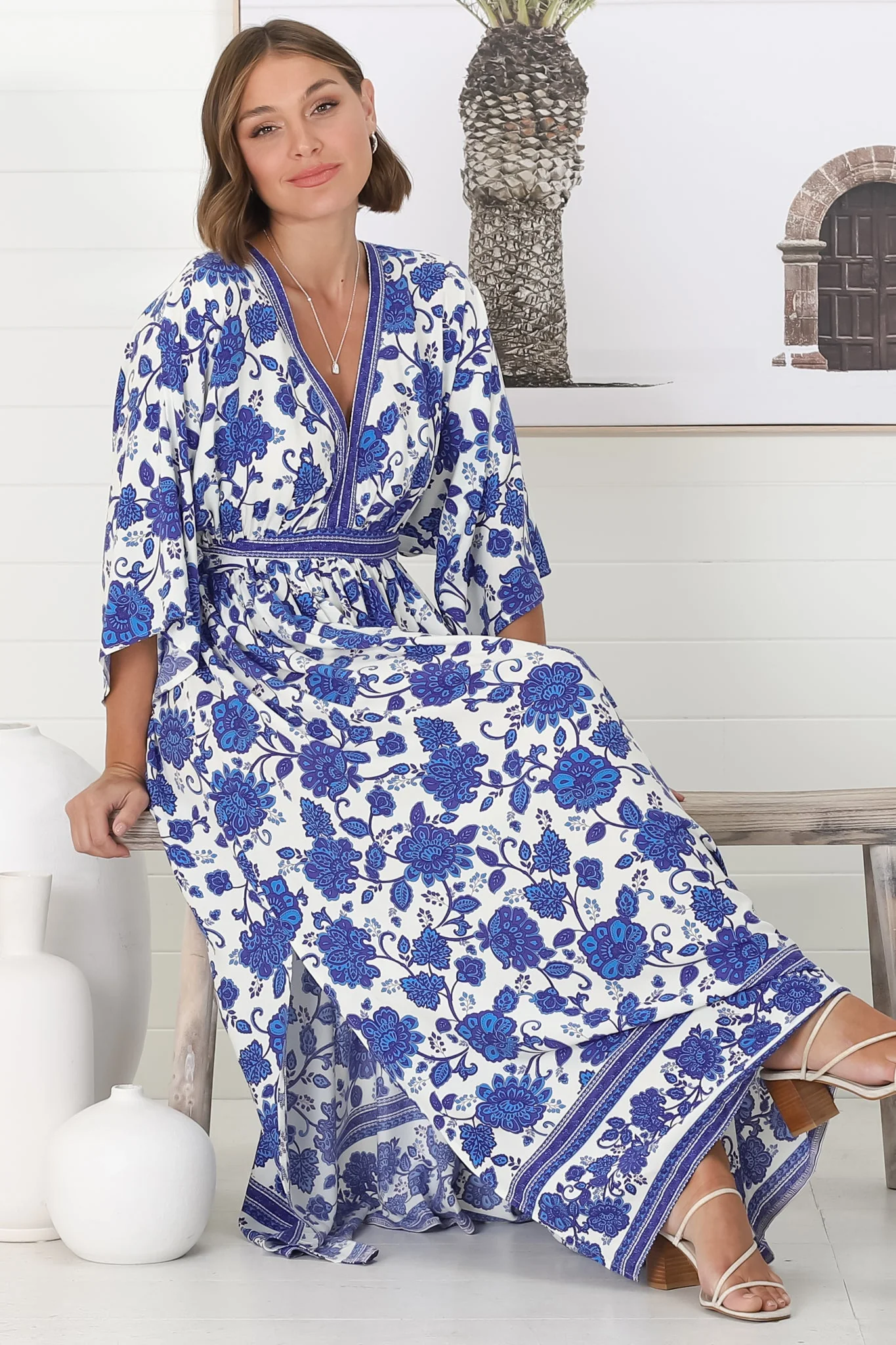 Zelle Maxi Dress - V Neck Batwing Sleeve Dress with Side Splits in Kailin Print Blue - Image 7