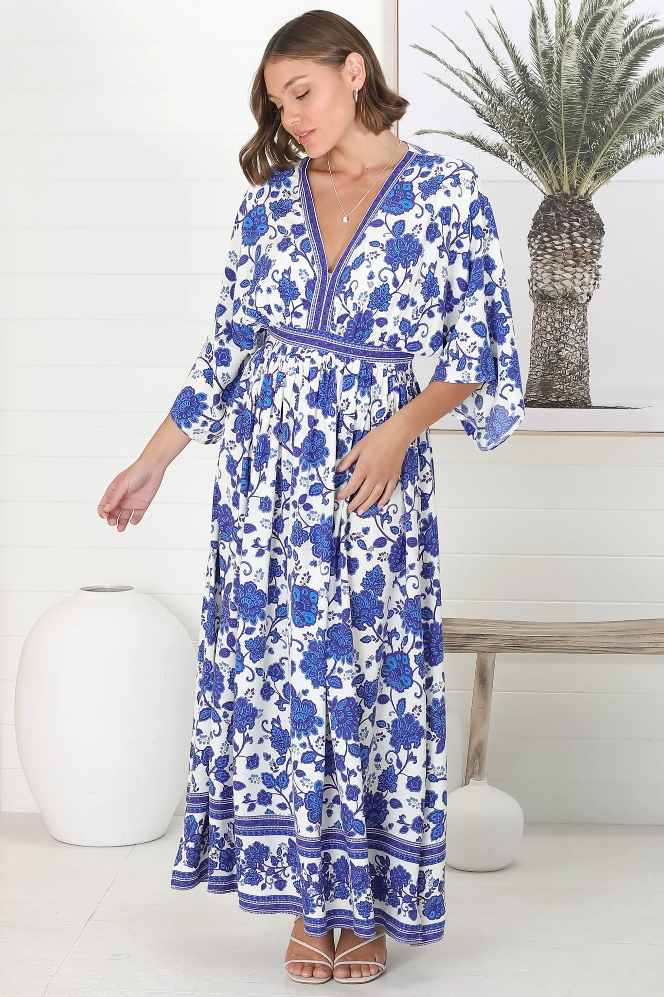 Zelle Maxi Dress - V Neck Batwing Sleeve Dress with Side Splits in Kailin Print Blue - Image 8