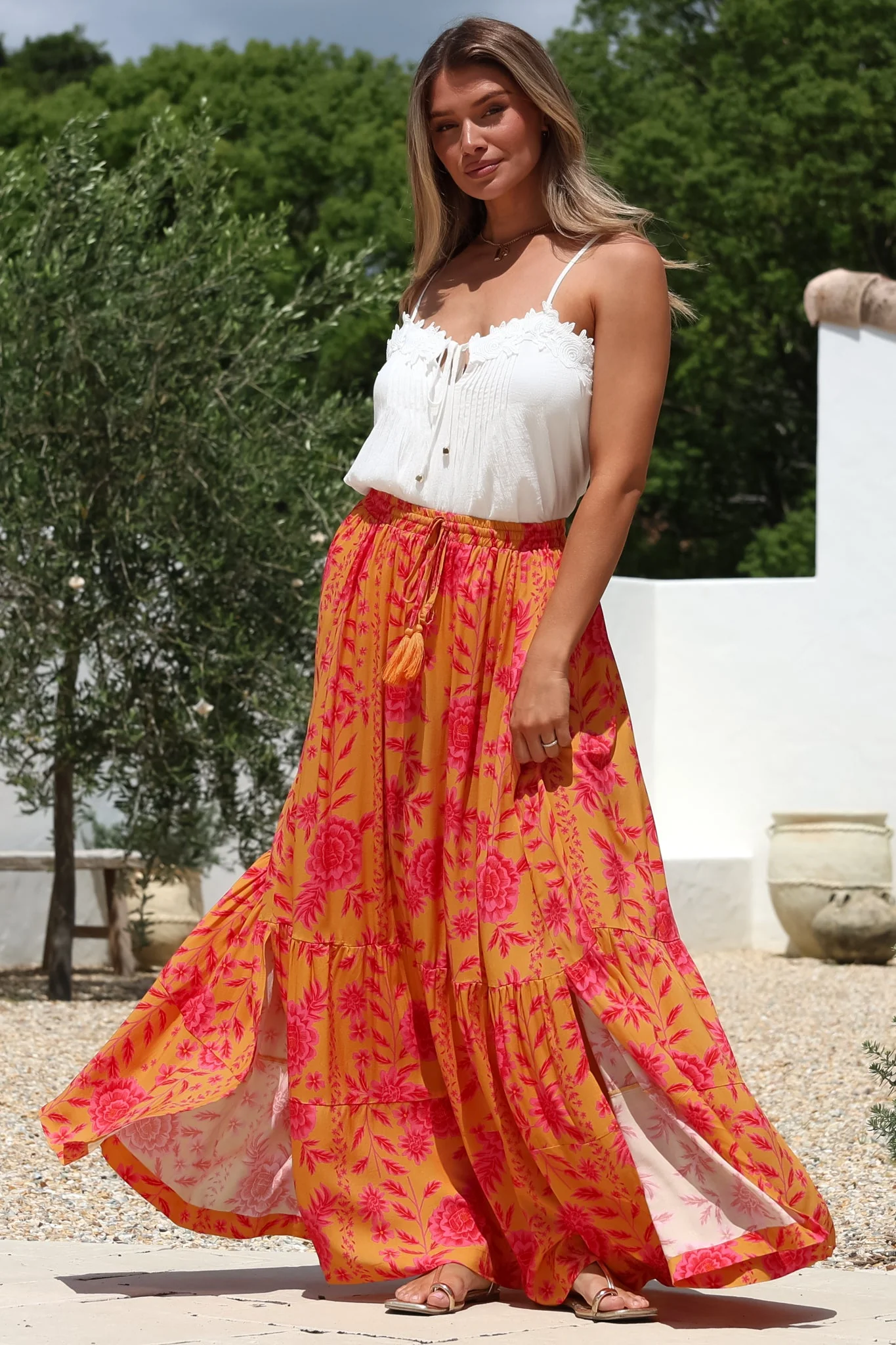 Zia Maxi Skirt - High Waisted Skirt with Tassel Waist Tie and Front Splits in Betsey Print - Image 5