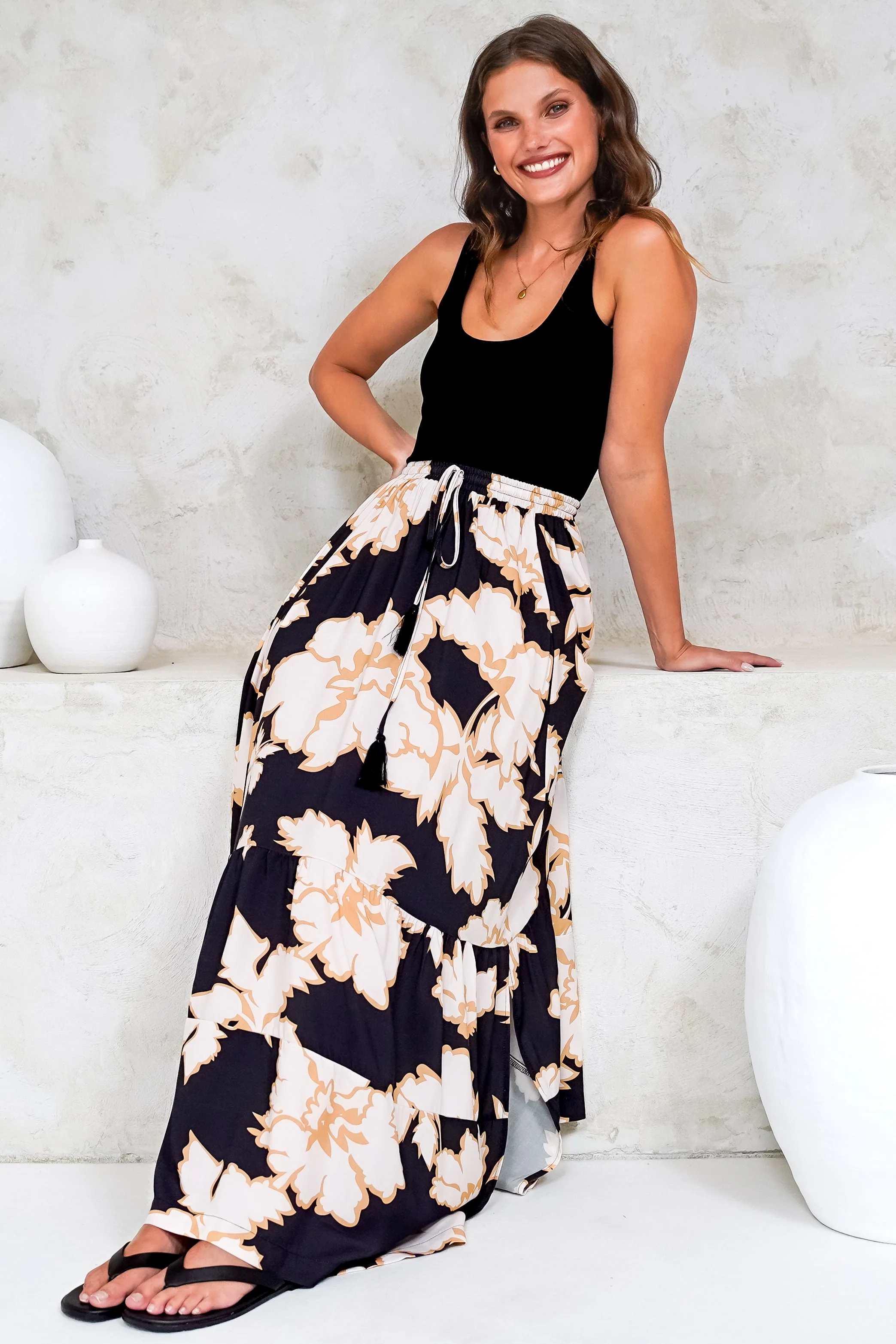 Zia Maxi Skirt - High Waisted Skirt with Tassel Waist Tie and Front Splits in Illaria Print - Image 3