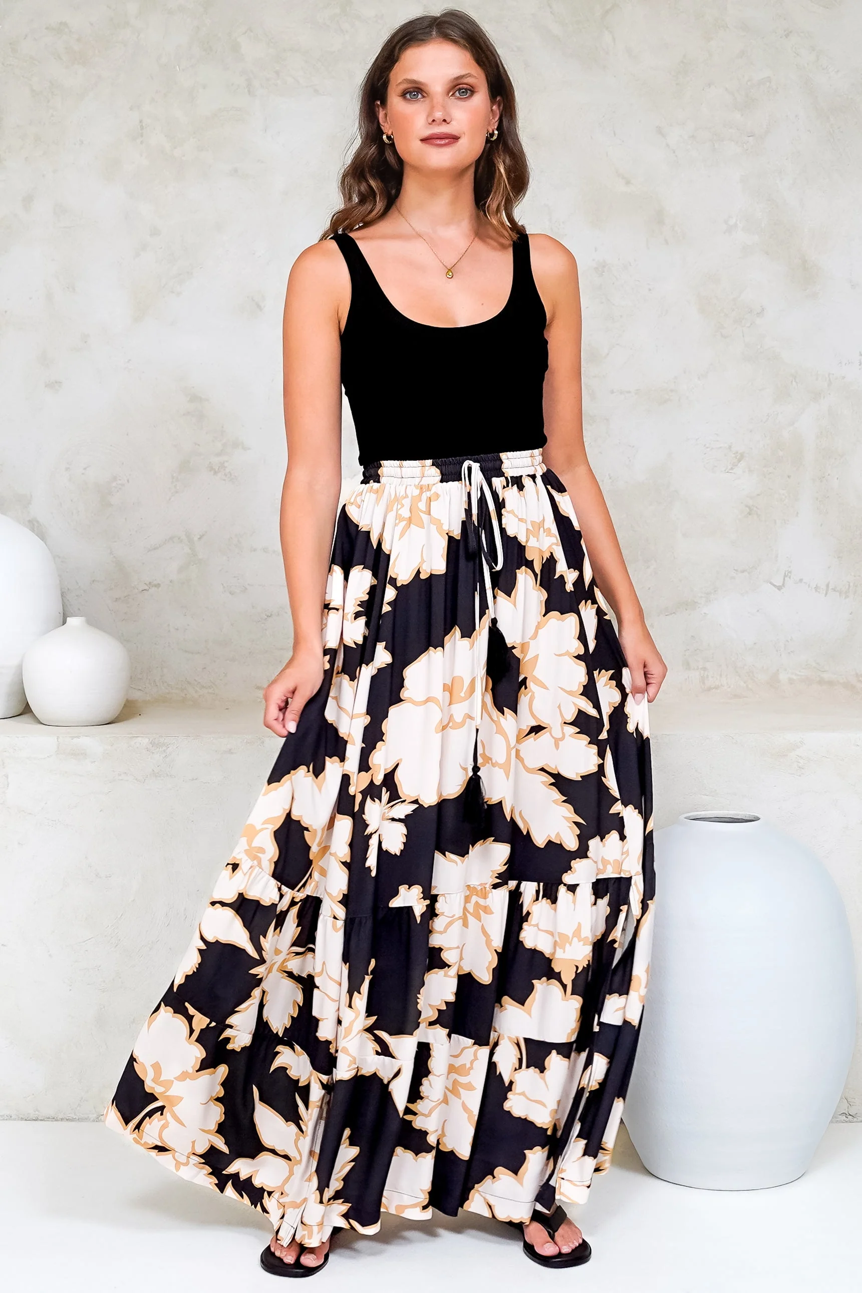 Zia Maxi Skirt - High Waisted Skirt with Tassel Waist Tie and Front Splits in Illaria Print - Image 4