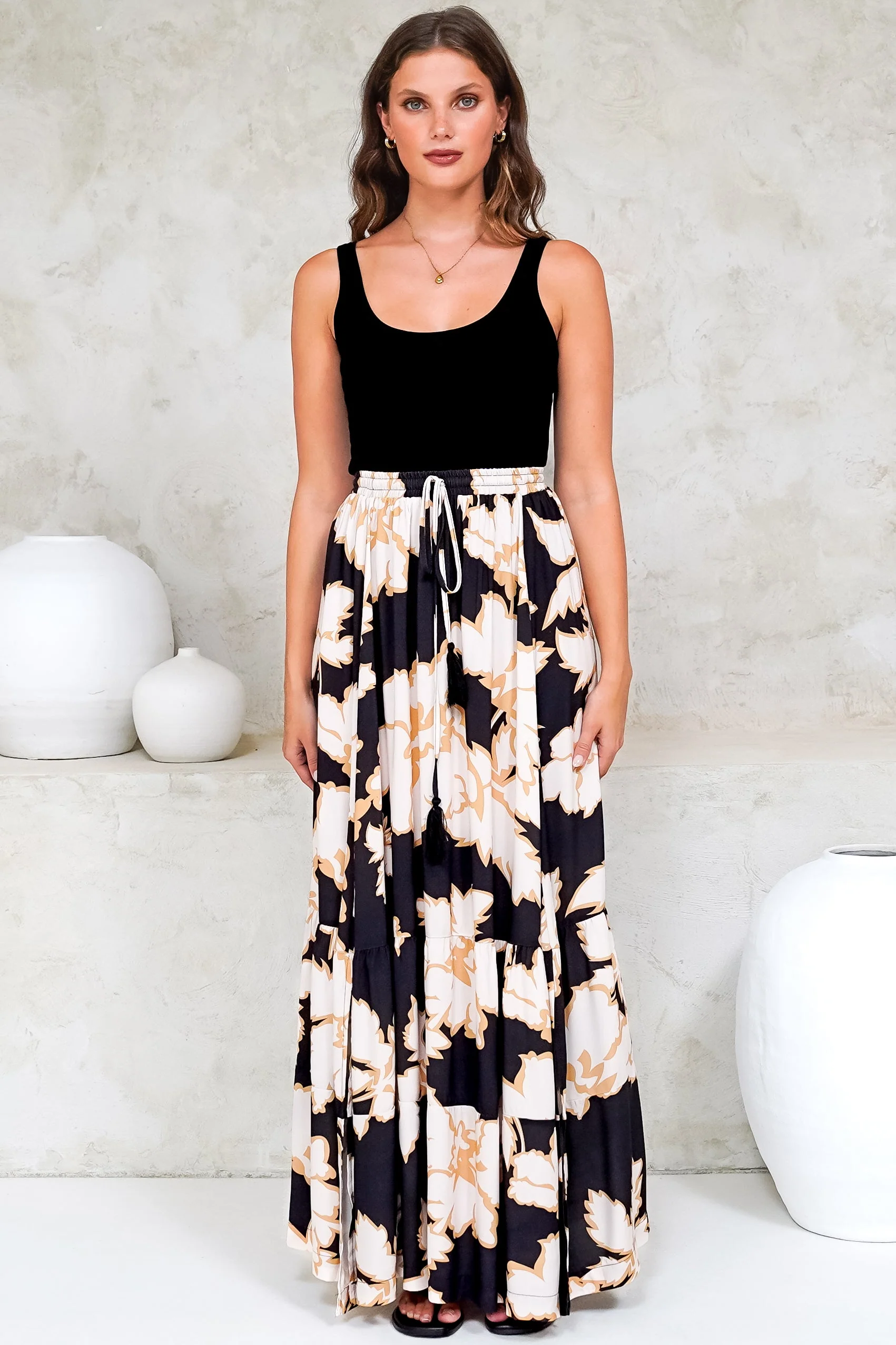 Zia Maxi Skirt - High Waisted Skirt with Tassel Waist Tie and Front Splits in Illaria Print - Image 5