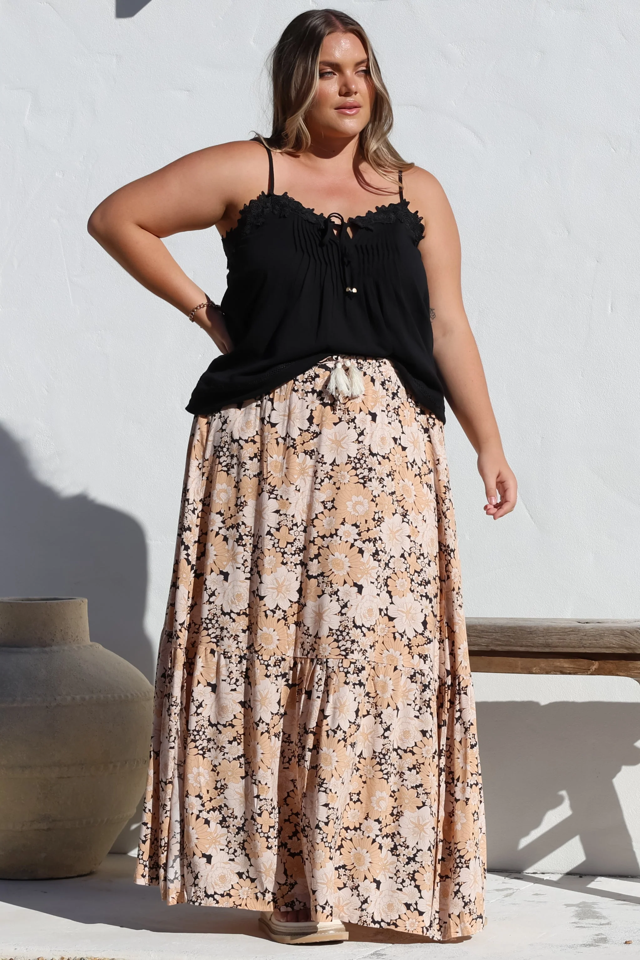 Zia Maxi Skirt - High Waisted Skirt with Tassel Waist Tie and Front Splits in Lyanna Print - Image 2