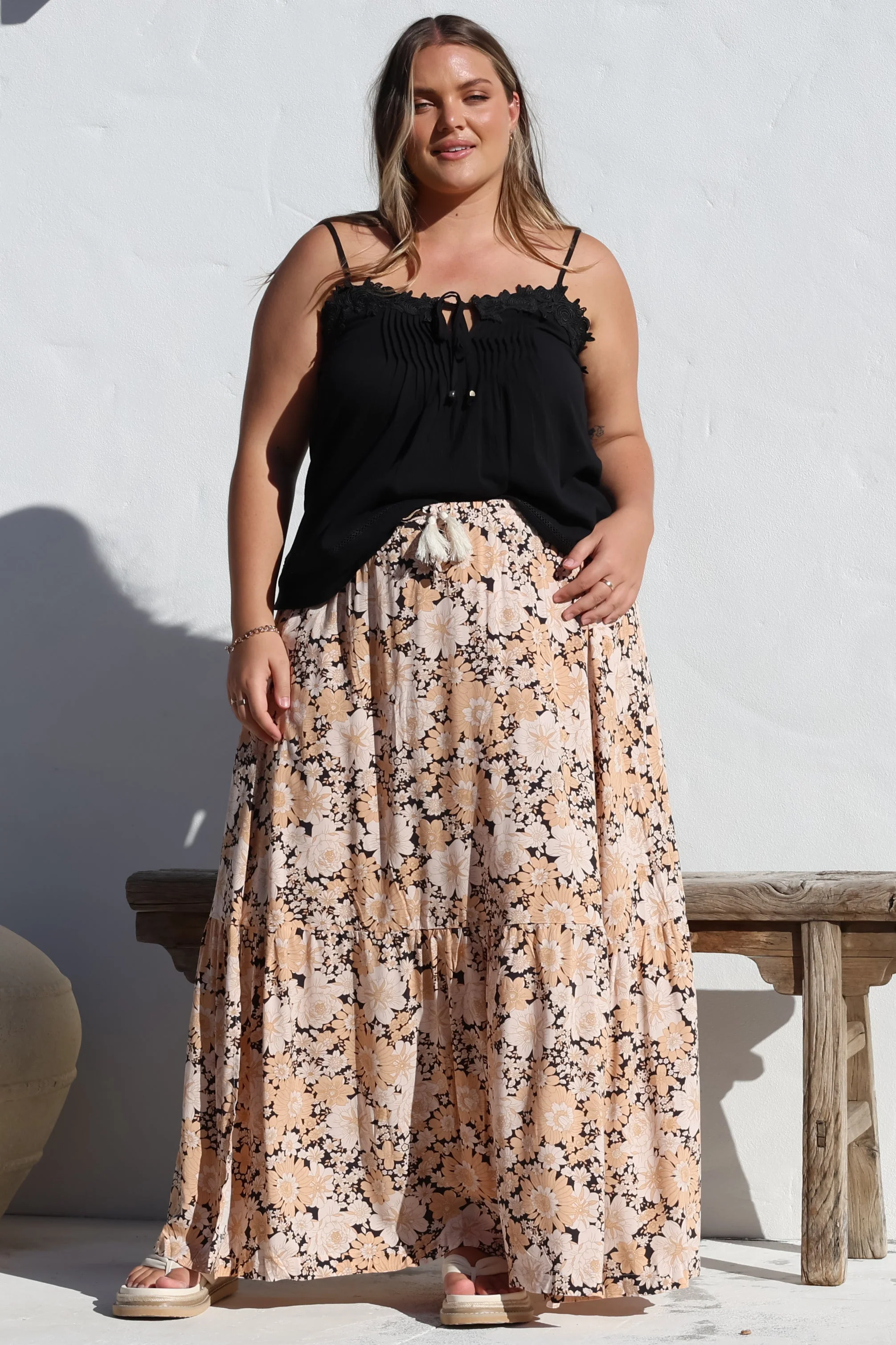 Zia Maxi Skirt - High Waisted Skirt with Tassel Waist Tie and Front Splits in Lyanna Print - Image 6