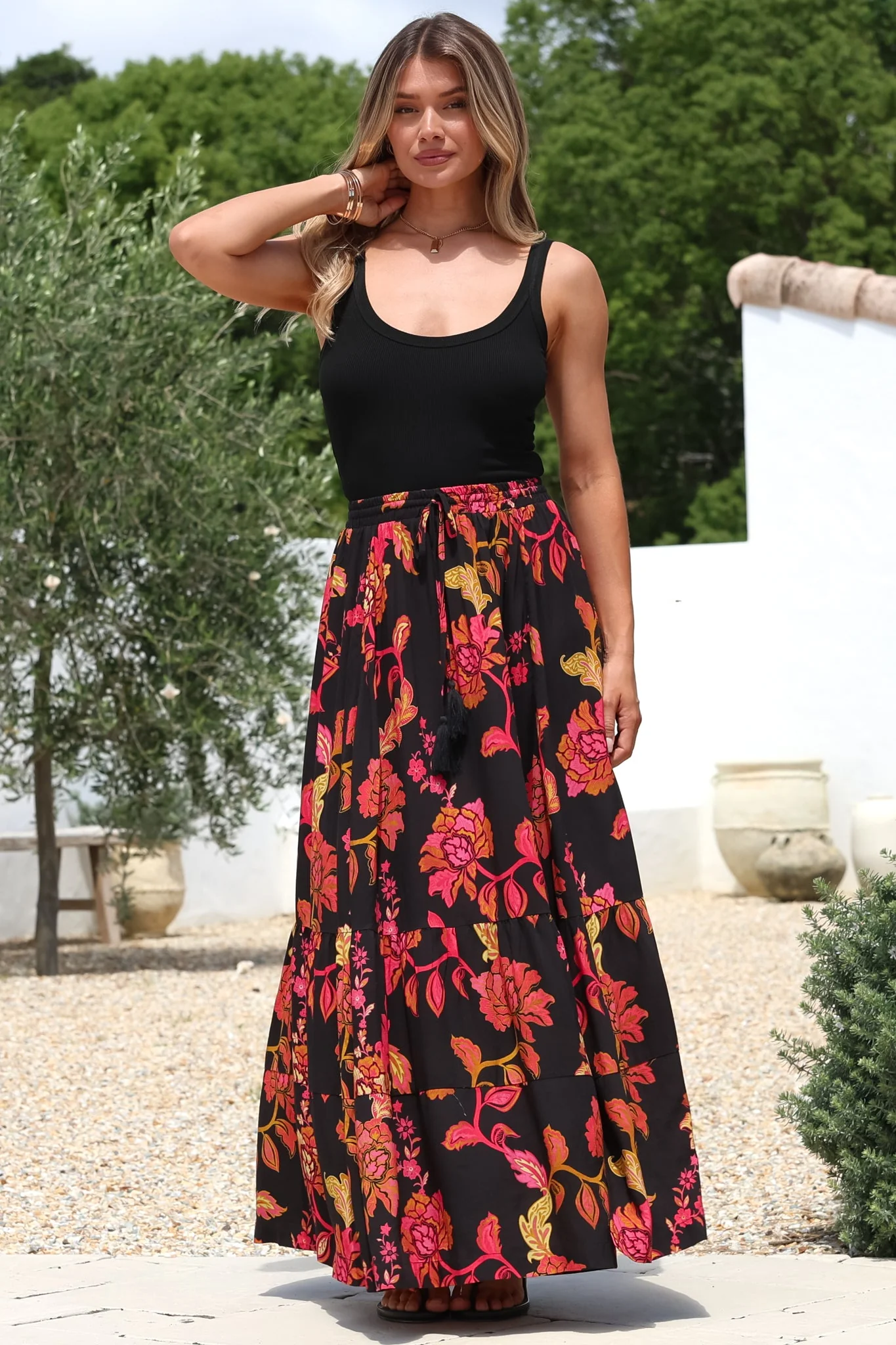 Zia Maxi Skirt - High Waisted Skirt with Tassel Waist Tie and Front Splits in Valerie Print - Image 6