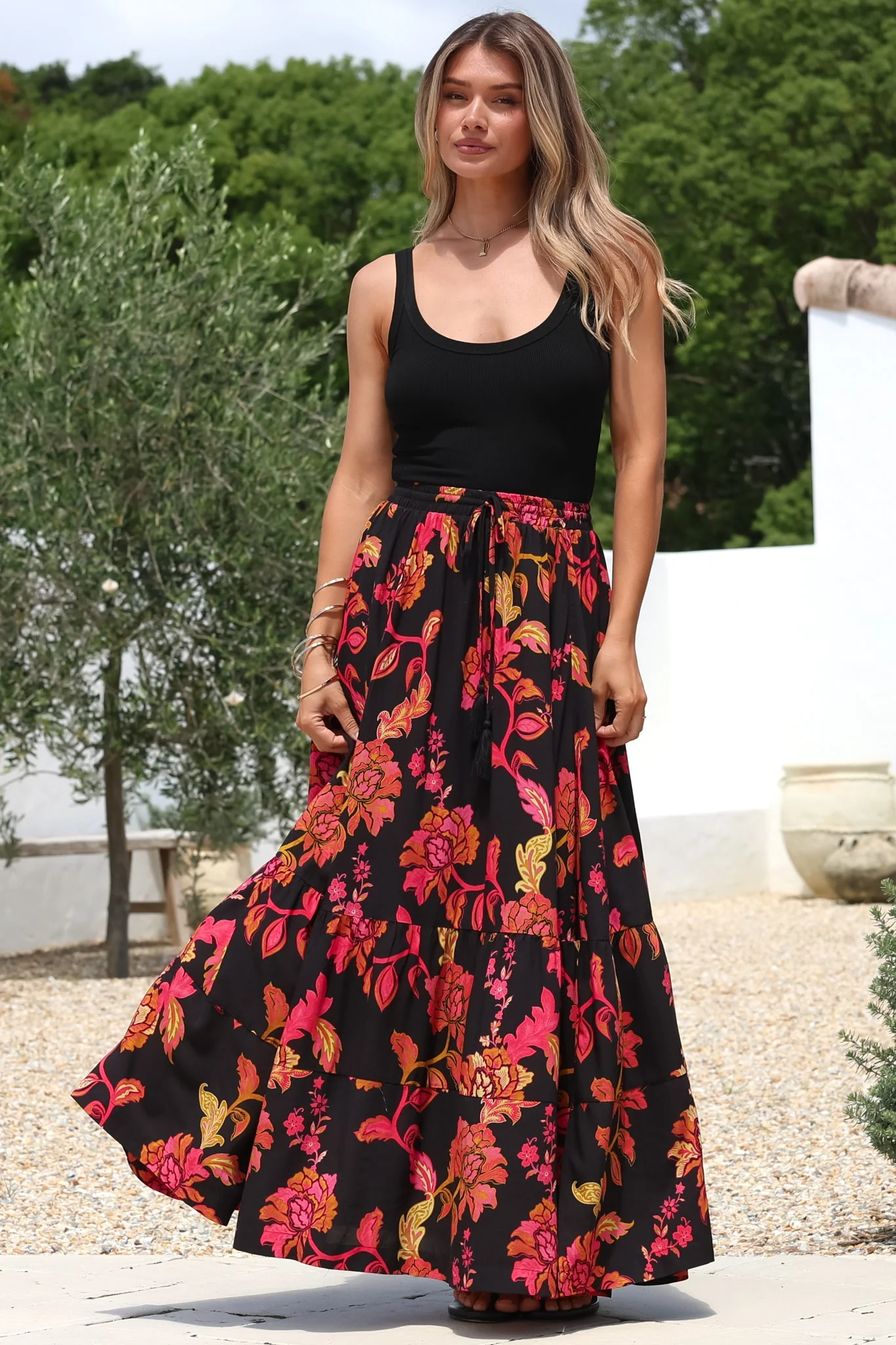 Zia Maxi Skirt - High Waisted Skirt with Tassel Waist Tie and Front Splits in Valerie Print - Image 7