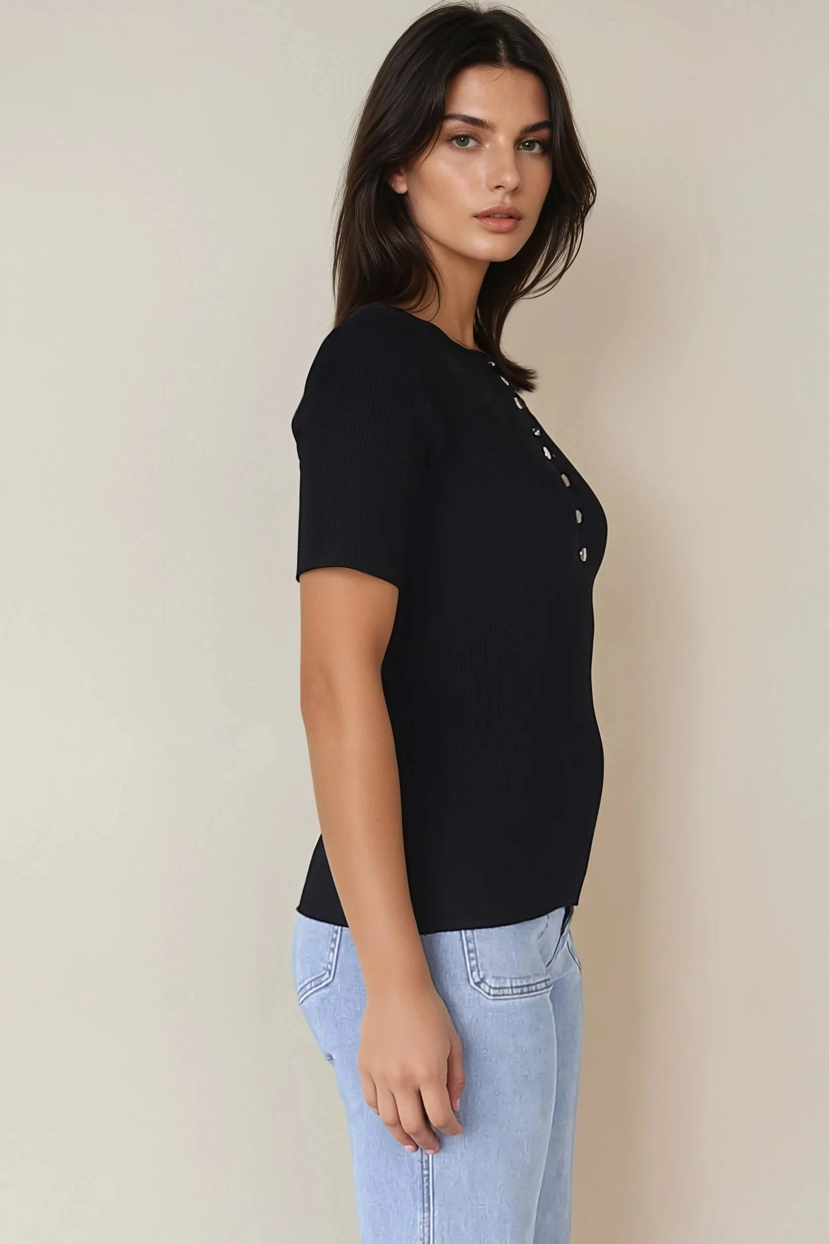 Zian Knit Top - Gold Button Neckline Ribbed Knit Top in Black - Image 6