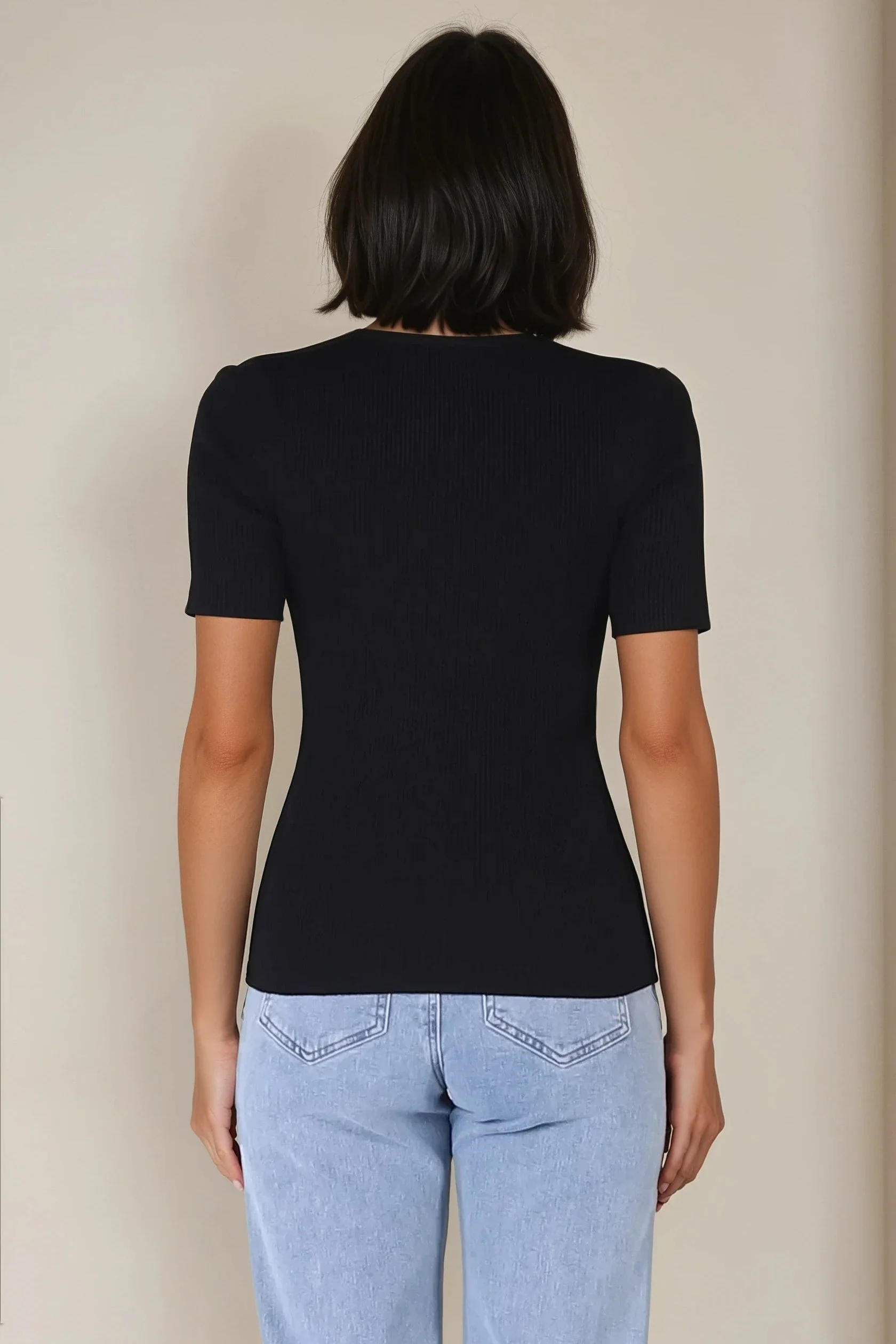 Zian Knit Top - Gold Button Neckline Ribbed Knit Top in Black - Image 7