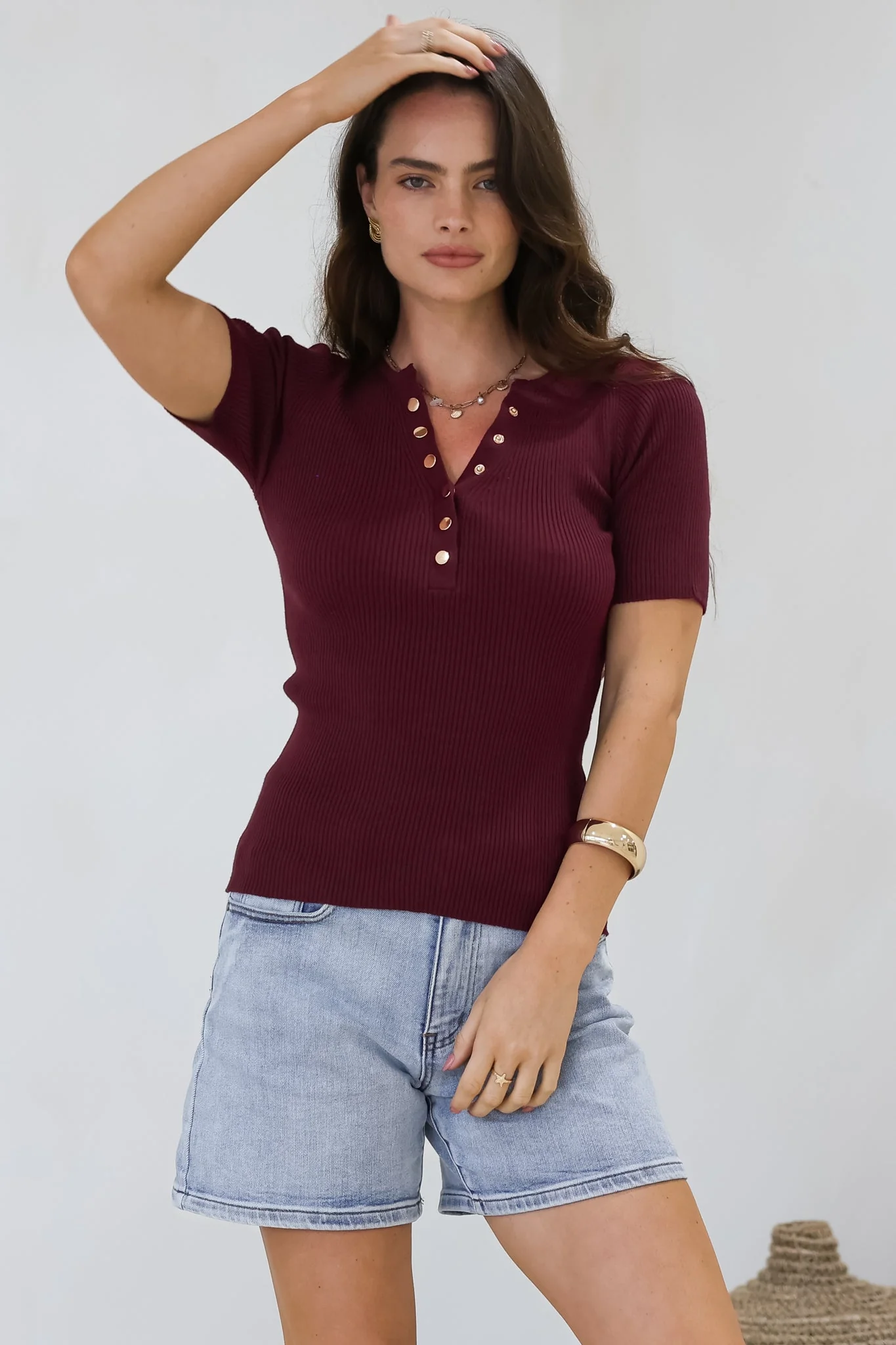Zian Knit Top - Gold Button Neckline Ribbed Knit Top in Burgundy - Image 2