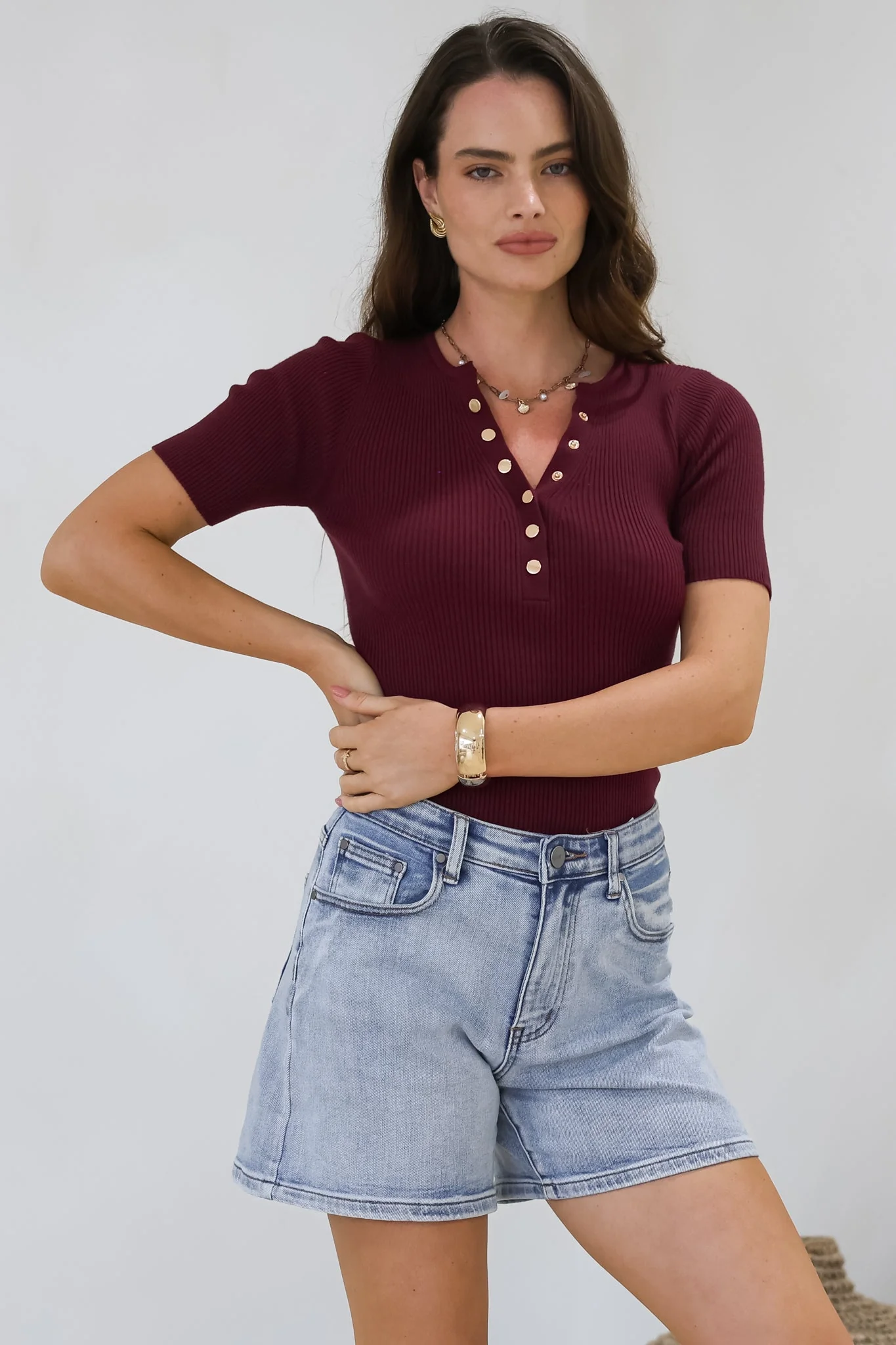 Zian Knit Top - Gold Button Neckline Ribbed Knit Top in Burgundy - Image 3