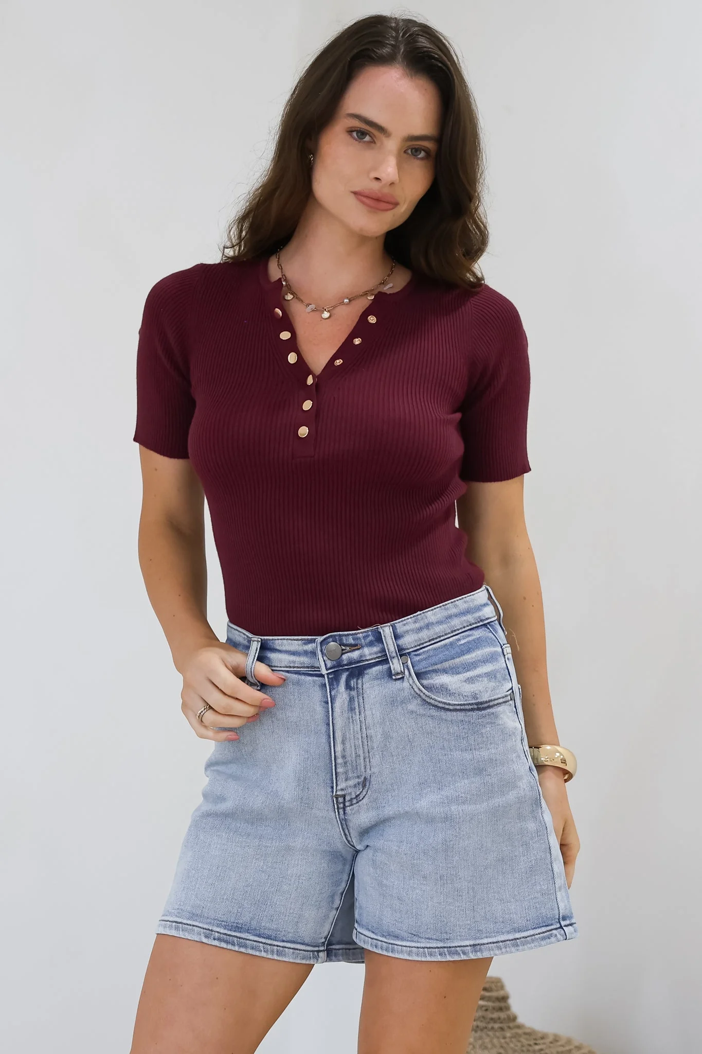 Zian Knit Top - Gold Button Neckline Ribbed Knit Top in Burgundy - Image 4