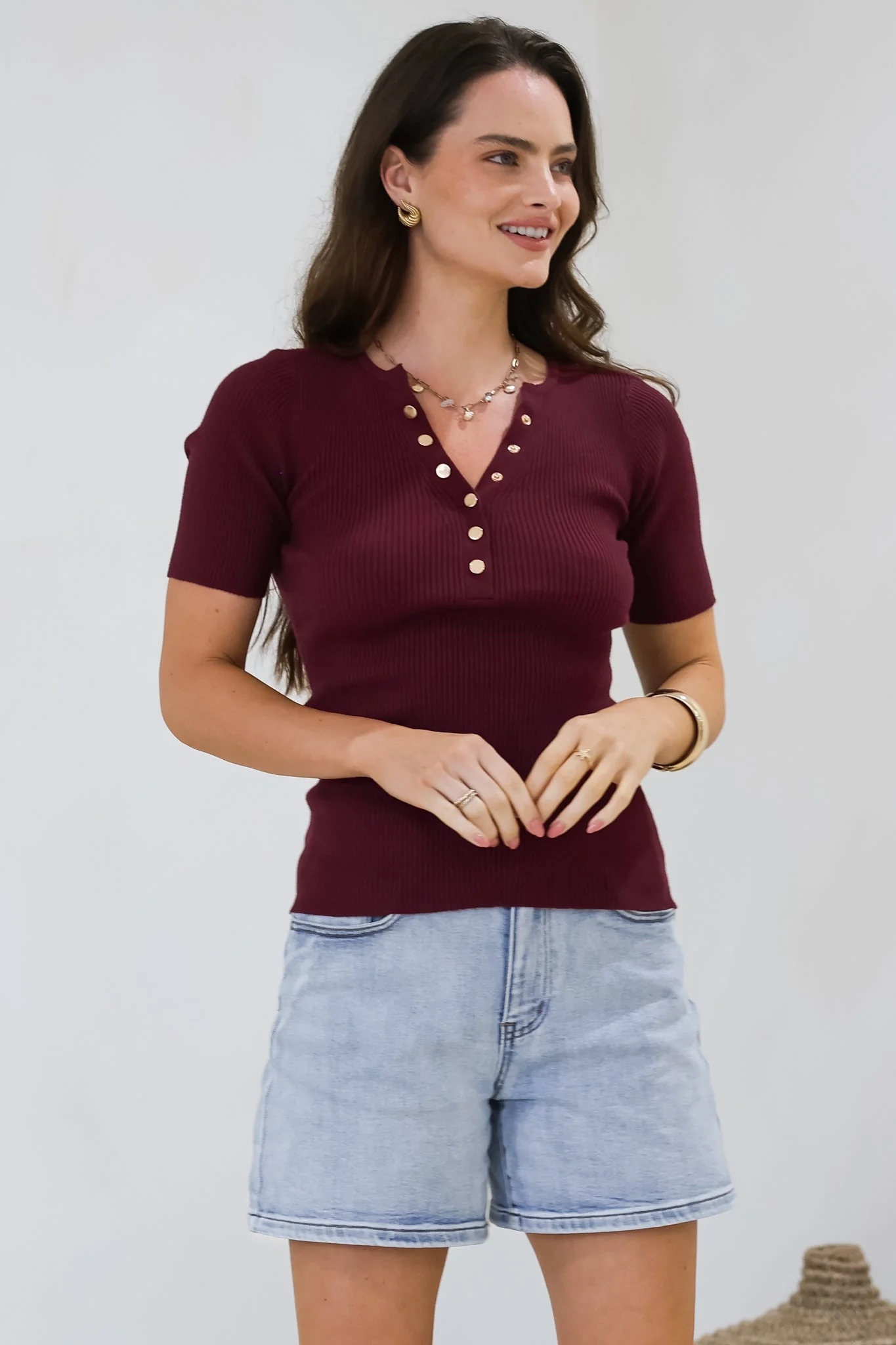 Zian Knit Top - Gold Button Neckline Ribbed Knit Top in Burgundy - Image 5