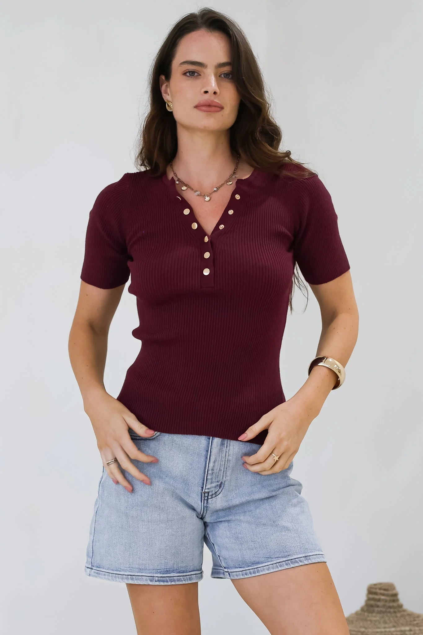Zian Knit Top - Gold Button Neckline Ribbed Knit Top in Burgundy - Image 6