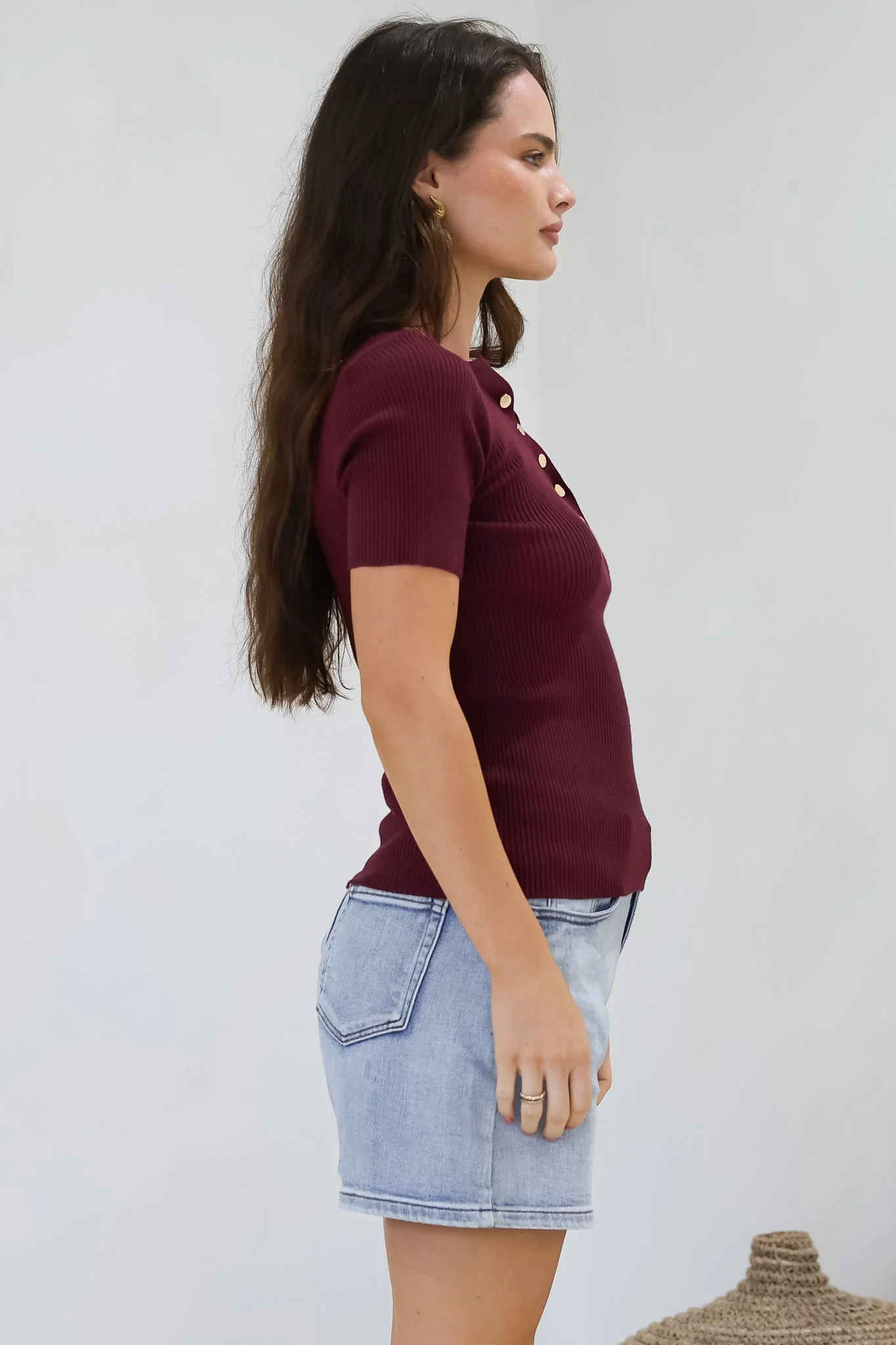 Zian Knit Top - Gold Button Neckline Ribbed Knit Top in Burgundy - Image 7