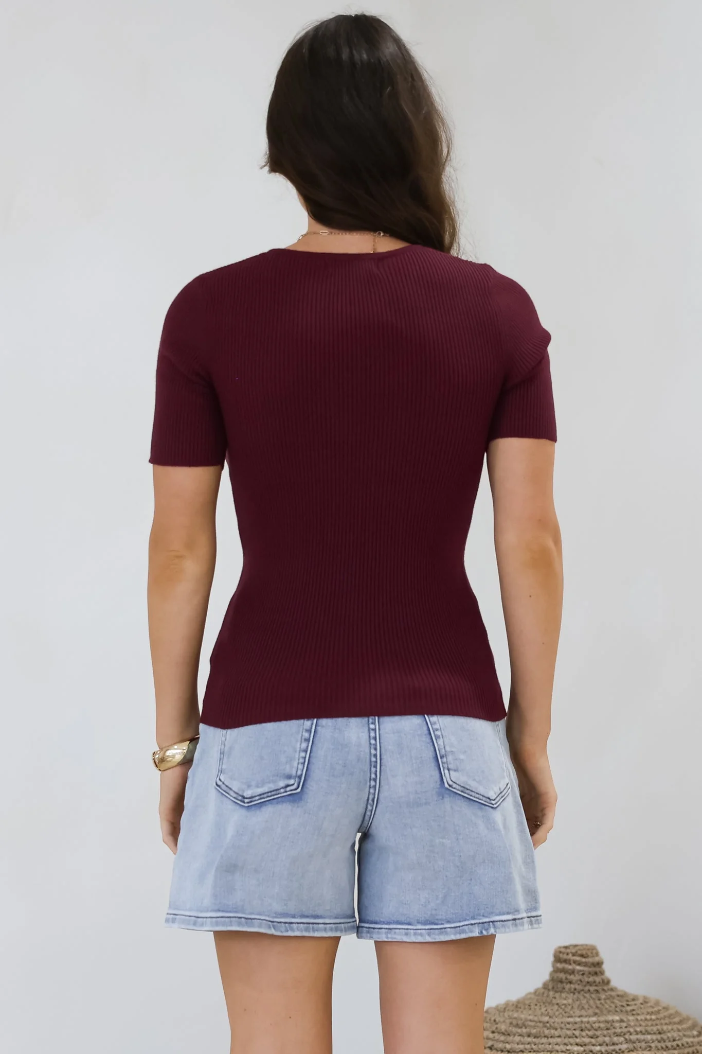 Zian Knit Top - Gold Button Neckline Ribbed Knit Top in Burgundy - Image 8