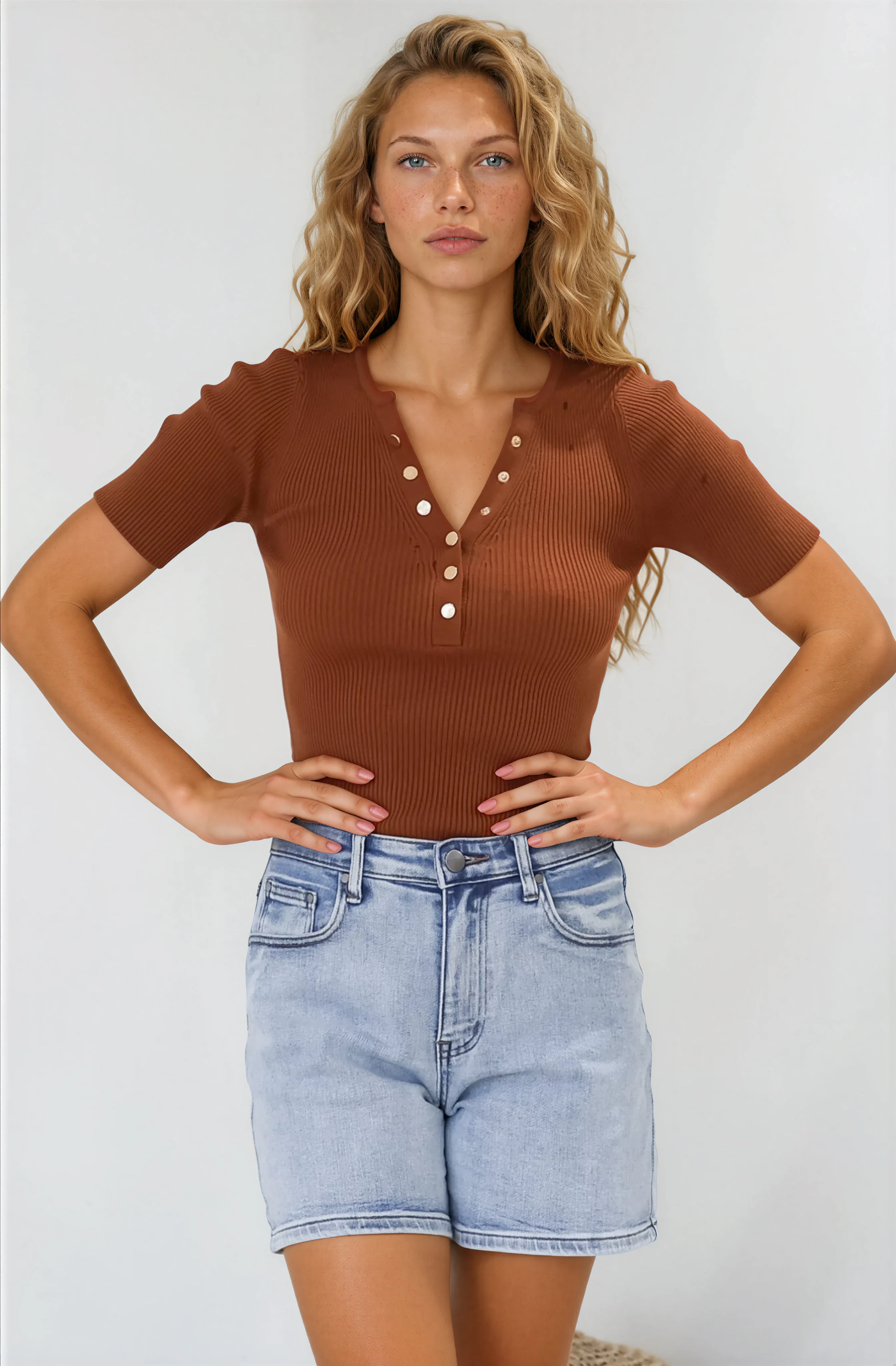 Zian Knit Top - Gold Button Neckline Ribbed Knit Top in Rust - Image 4