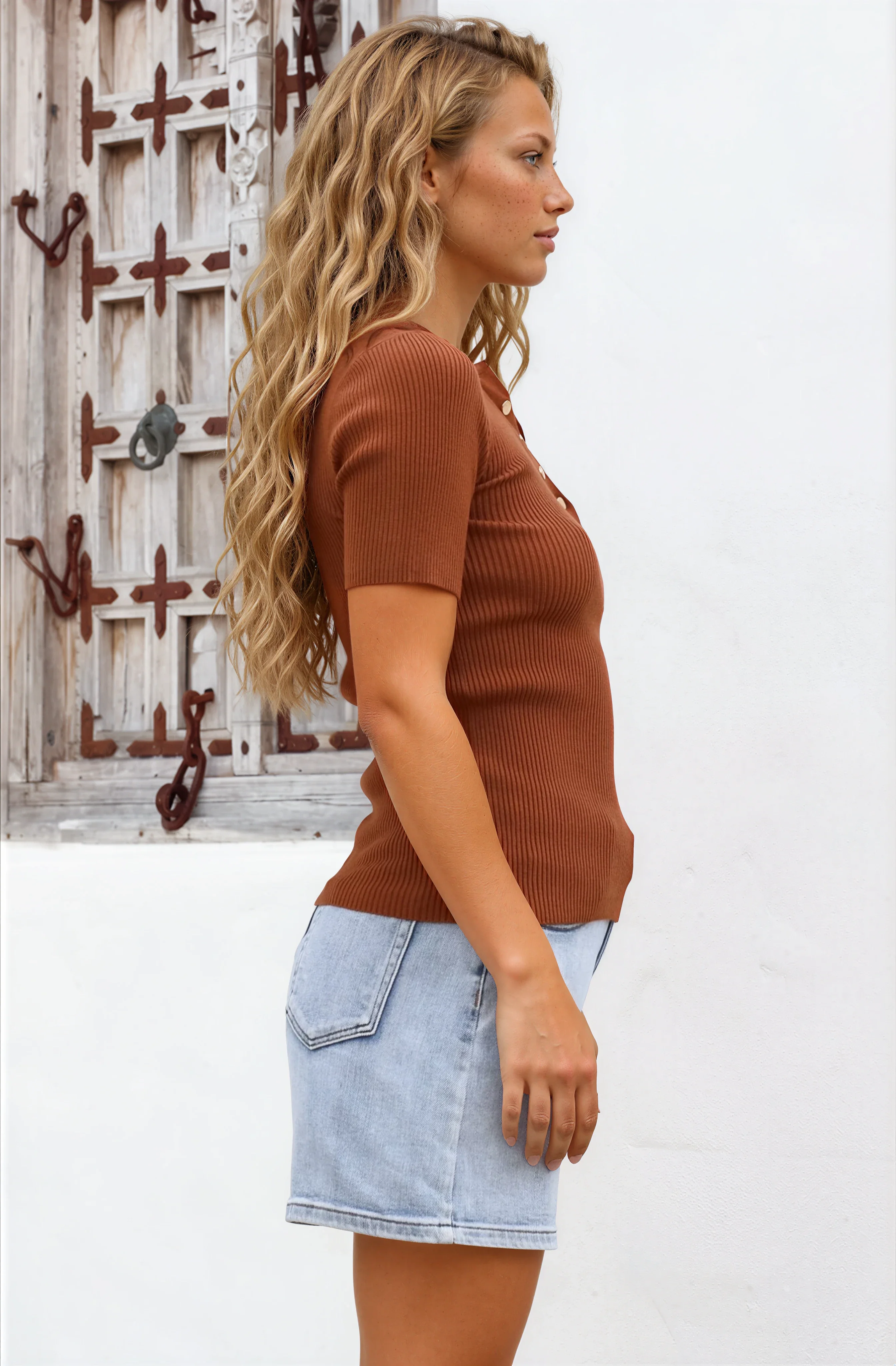 Zian Knit Top - Gold Button Neckline Ribbed Knit Top in Rust - Image 5