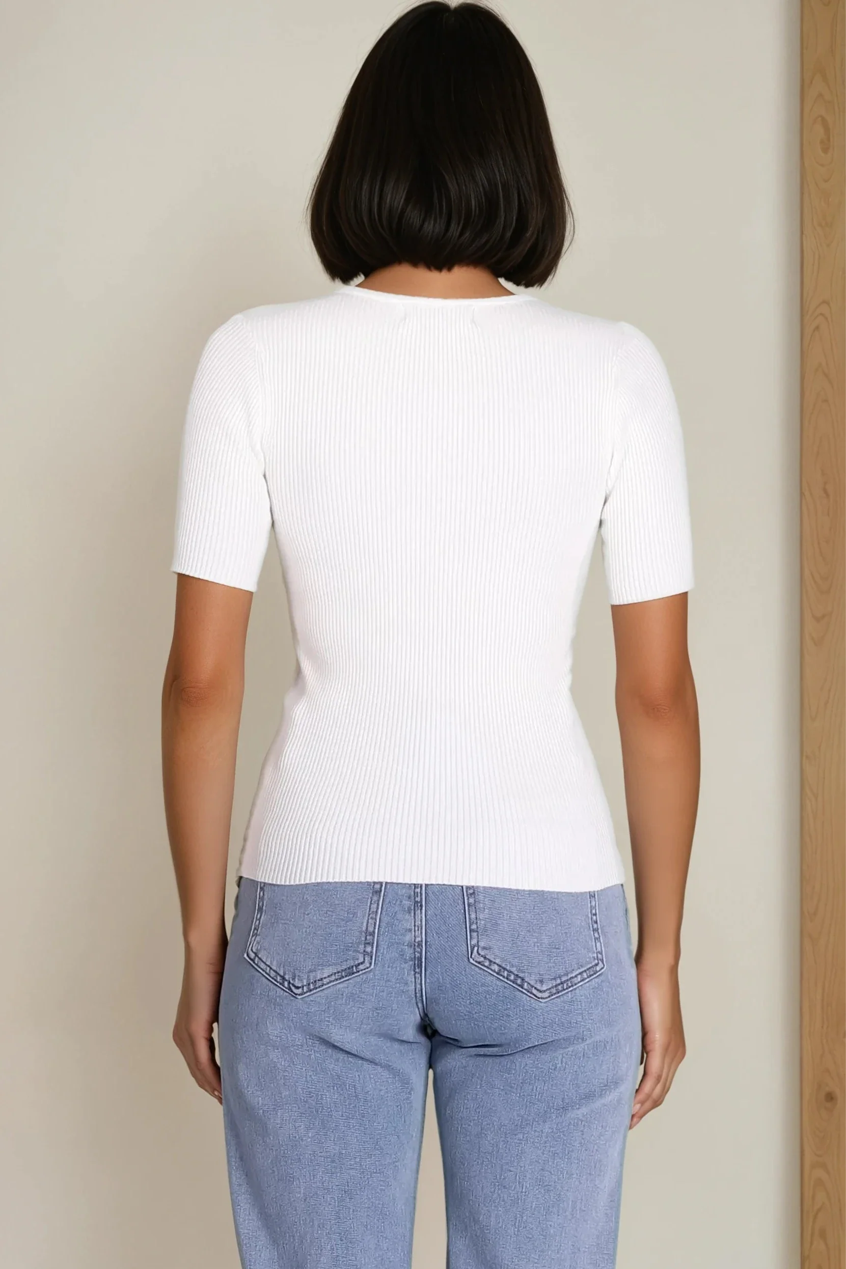 Zian Knit Top - Gold Button Neckline Ribbed Knit Top in White - Image 7