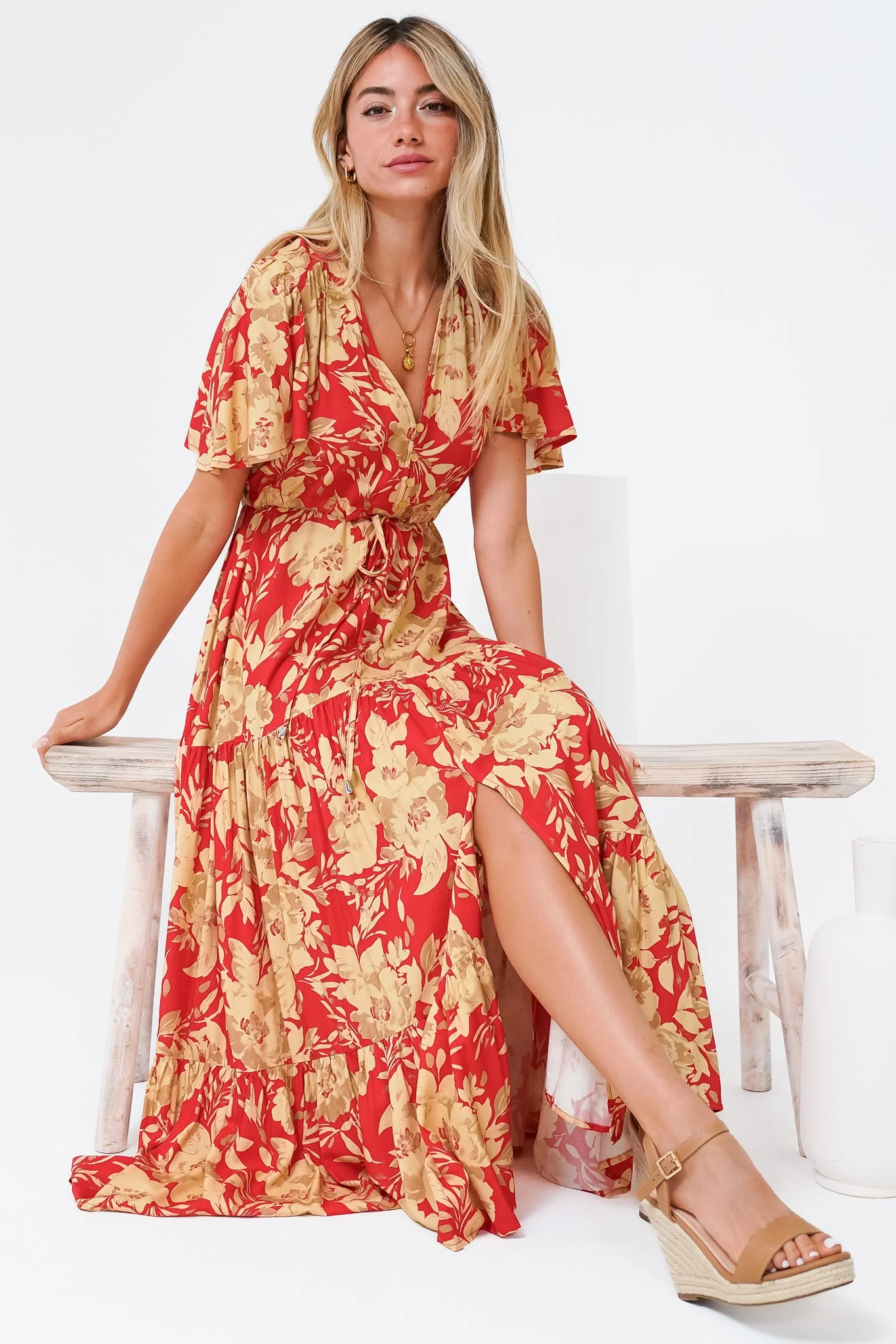 Ziggy Maxi Dress - Cap Sleeve Tiered Dress with Pull Tie Waist in Chianti Print Red - Image 2