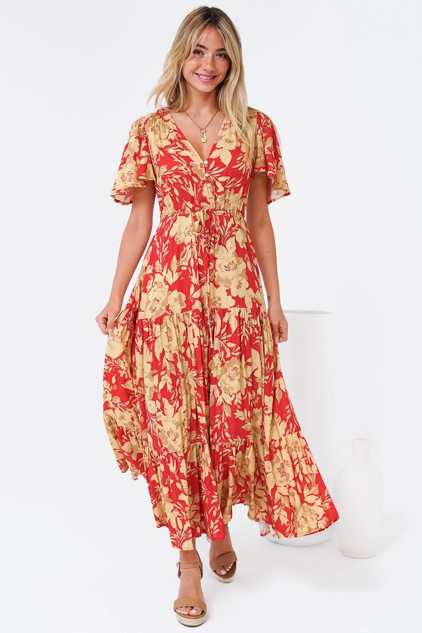 Ziggy Maxi Dress - Cap Sleeve Tiered Dress with Pull Tie Waist in Chianti Print Red - Image 3
