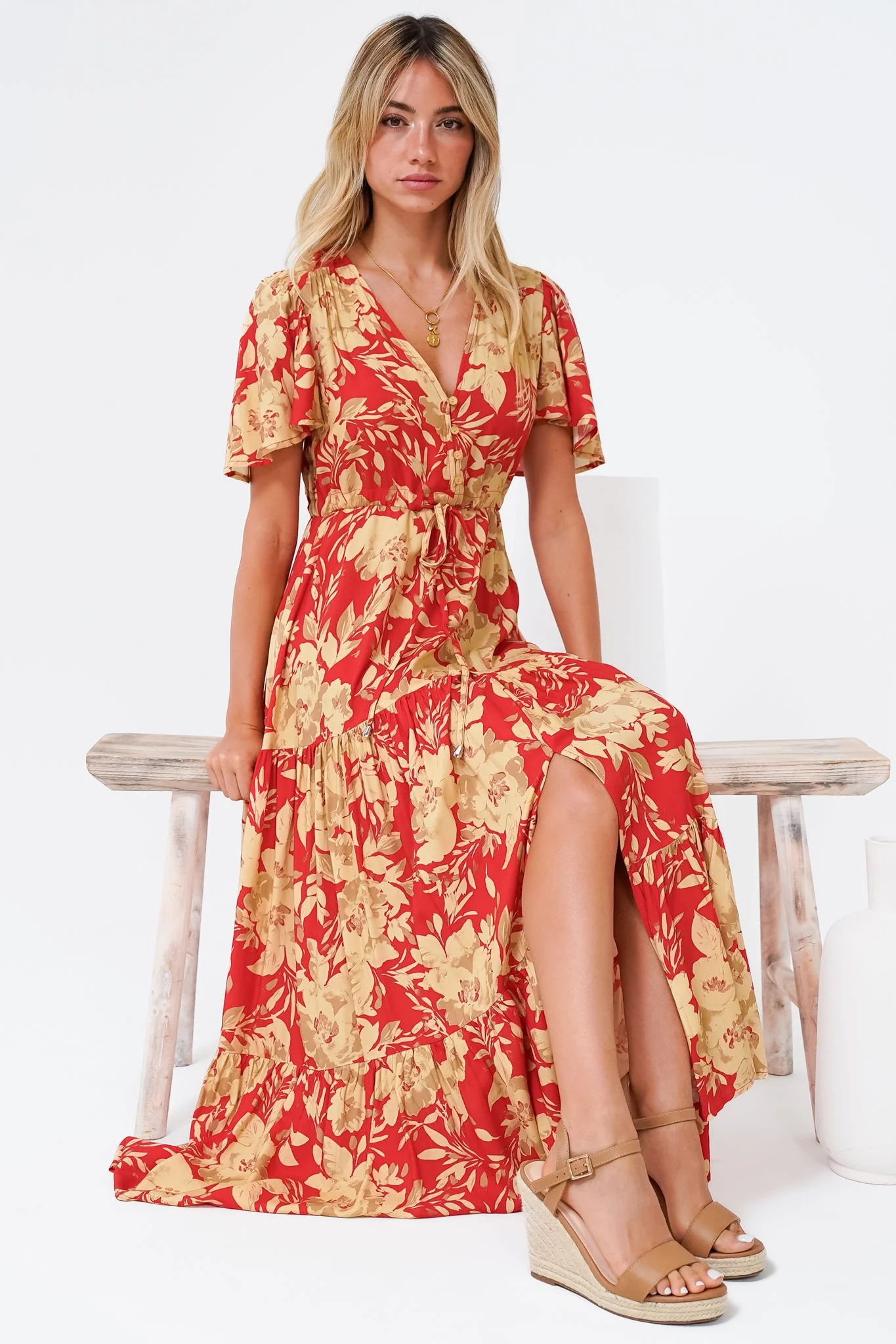 Ziggy Maxi Dress - Cap Sleeve Tiered Dress with Pull Tie Waist in Chianti Print Red - Image 4