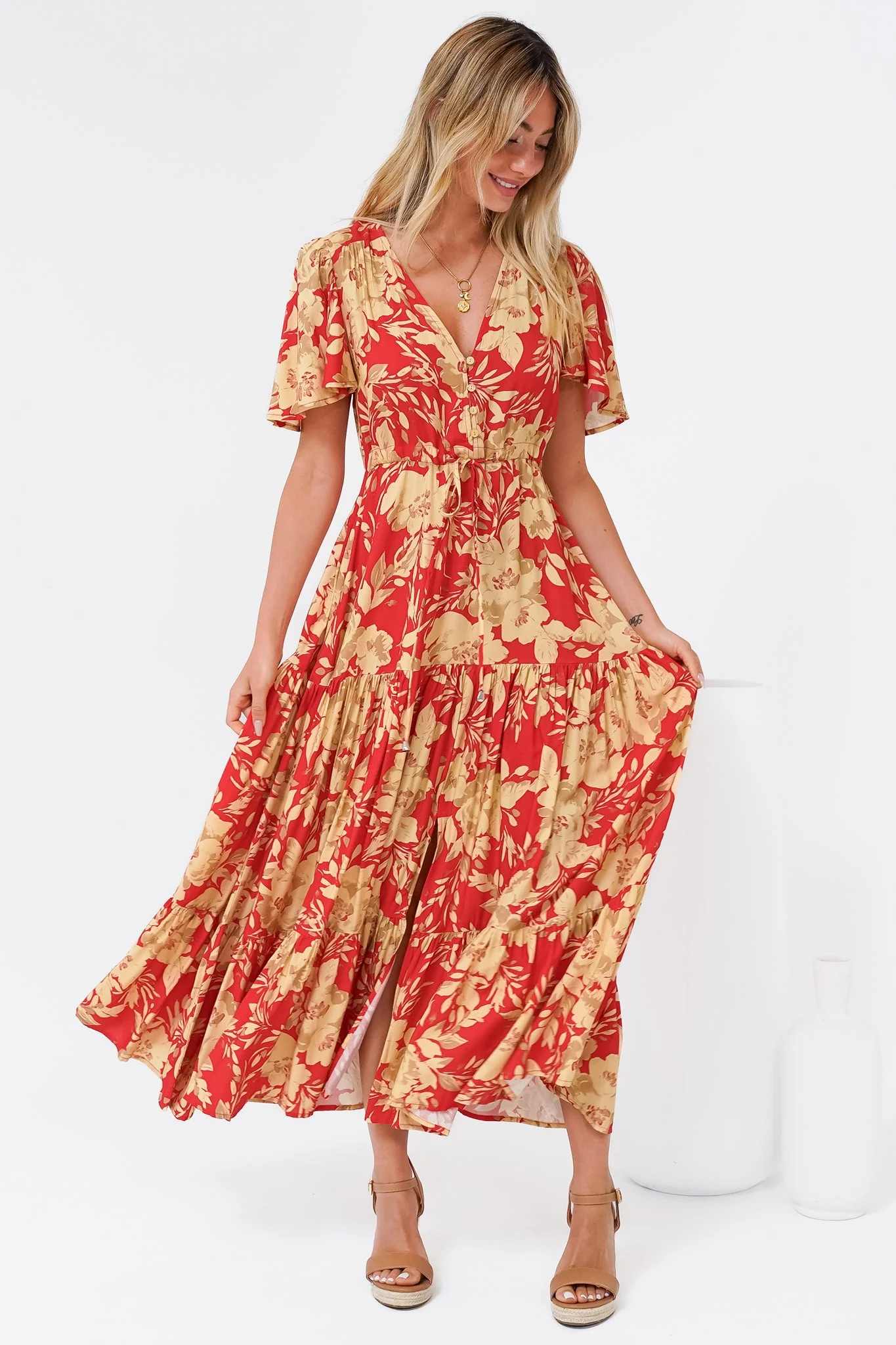 Ziggy Maxi Dress - Cap Sleeve Tiered Dress with Pull Tie Waist in Chianti Print Red - Image 5