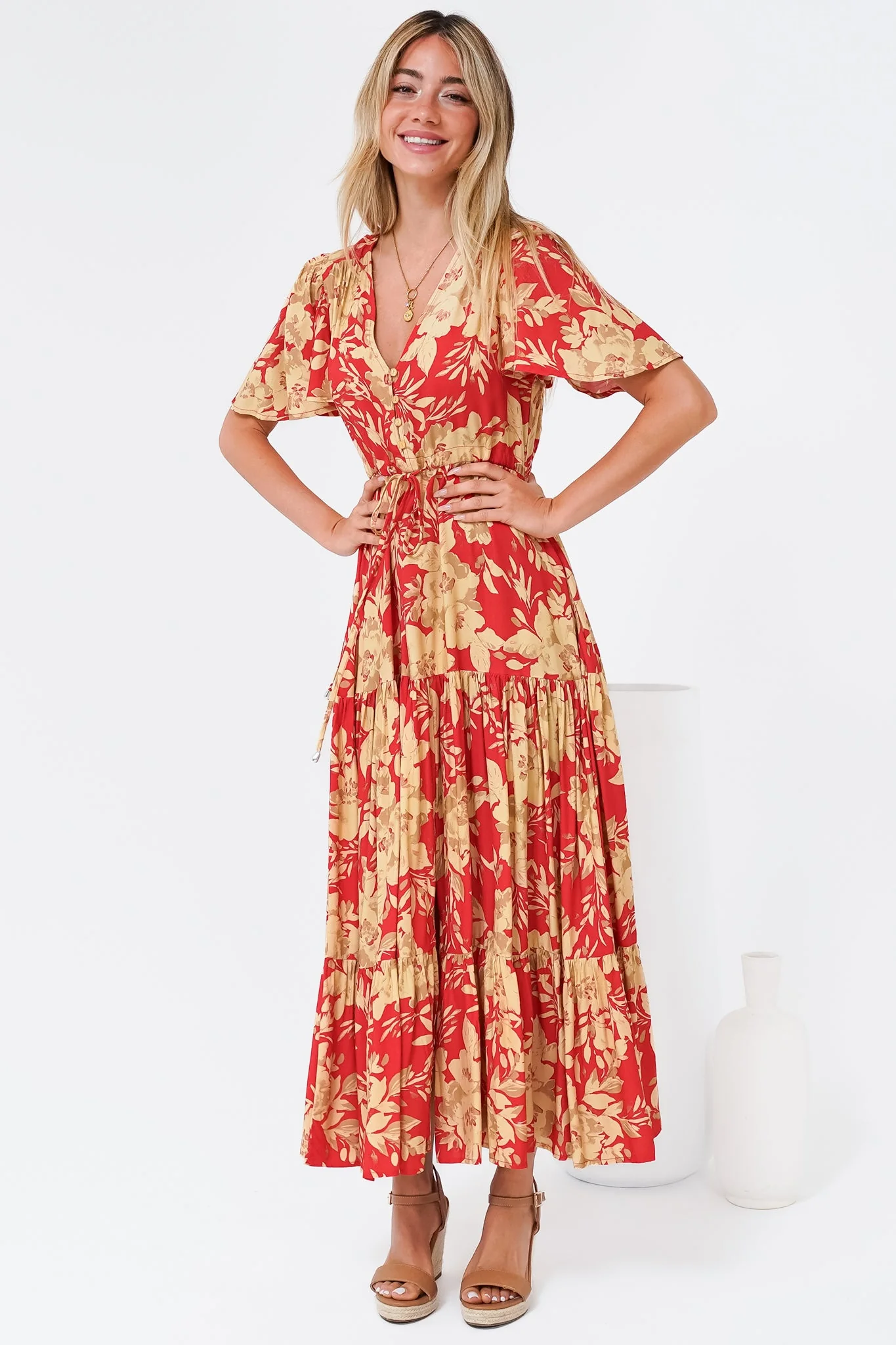 Ziggy Maxi Dress - Cap Sleeve Tiered Dress with Pull Tie Waist in Chianti Print Red - Image 6