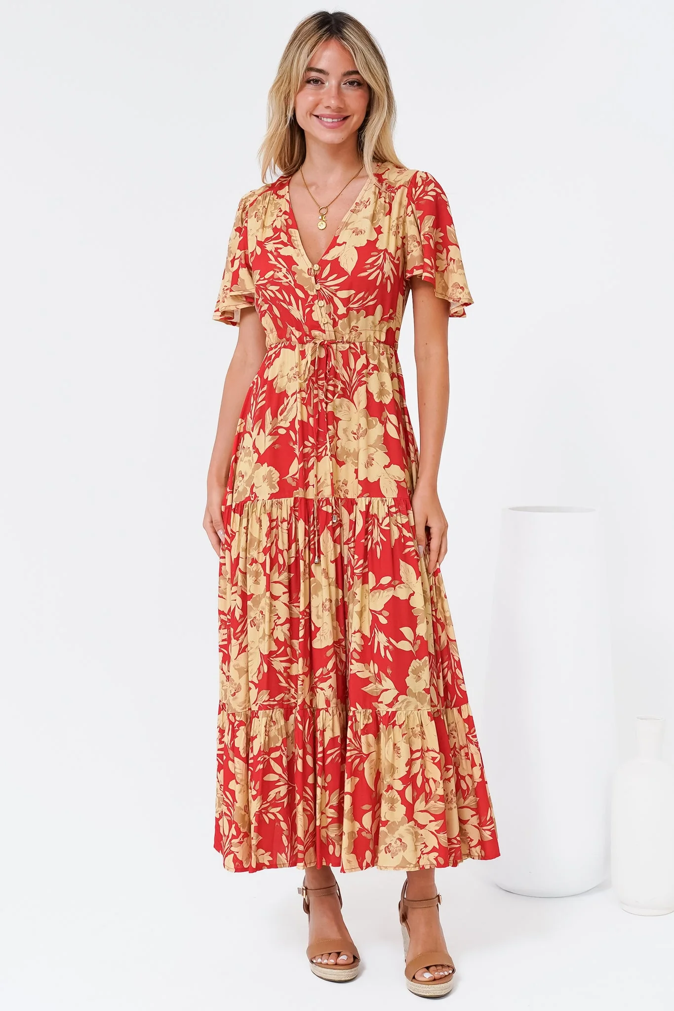 Ziggy Maxi Dress - Cap Sleeve Tiered Dress with Pull Tie Waist in Chianti Print Red - Image 7