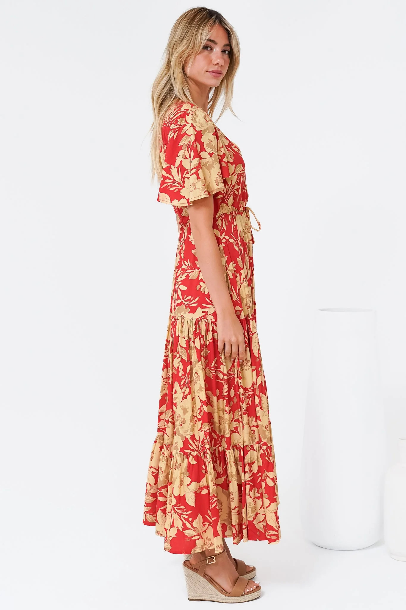 Ziggy Maxi Dress - Cap Sleeve Tiered Dress with Pull Tie Waist in Chianti Print Red - Image 8