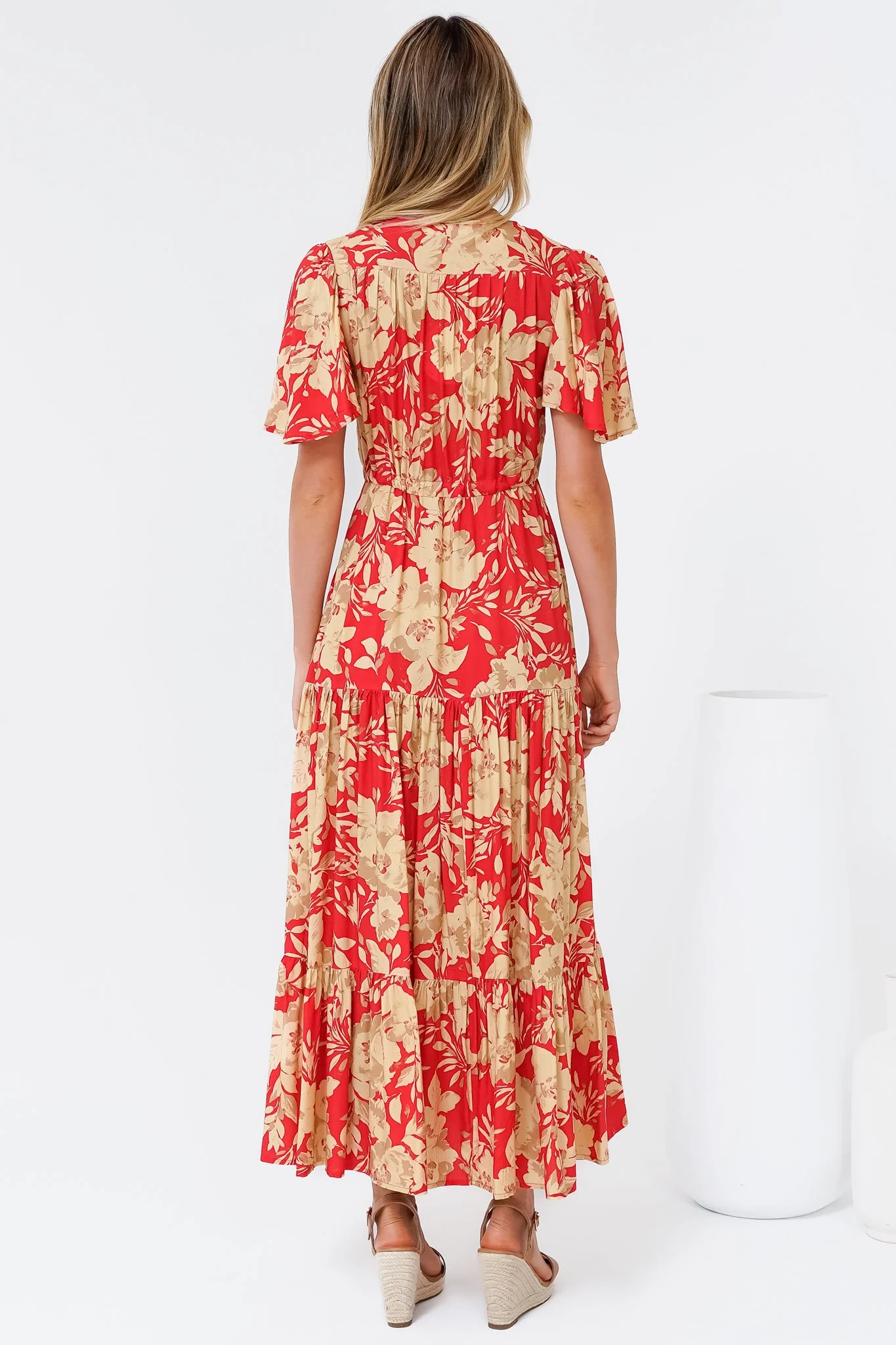 Ziggy Maxi Dress - Cap Sleeve Tiered Dress with Pull Tie Waist in Chianti Print Red - Image 9