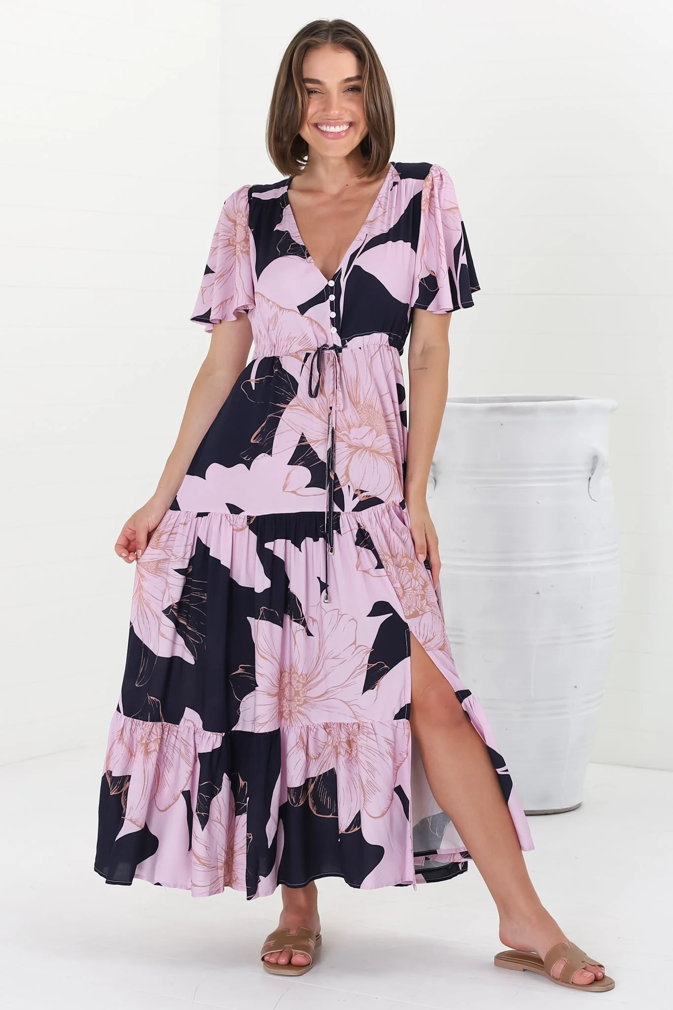 Ziggy Maxi Dress - Cap Sleeve Tiered Dress with Pull Tie Waist in Jaffa Print - Image 2
