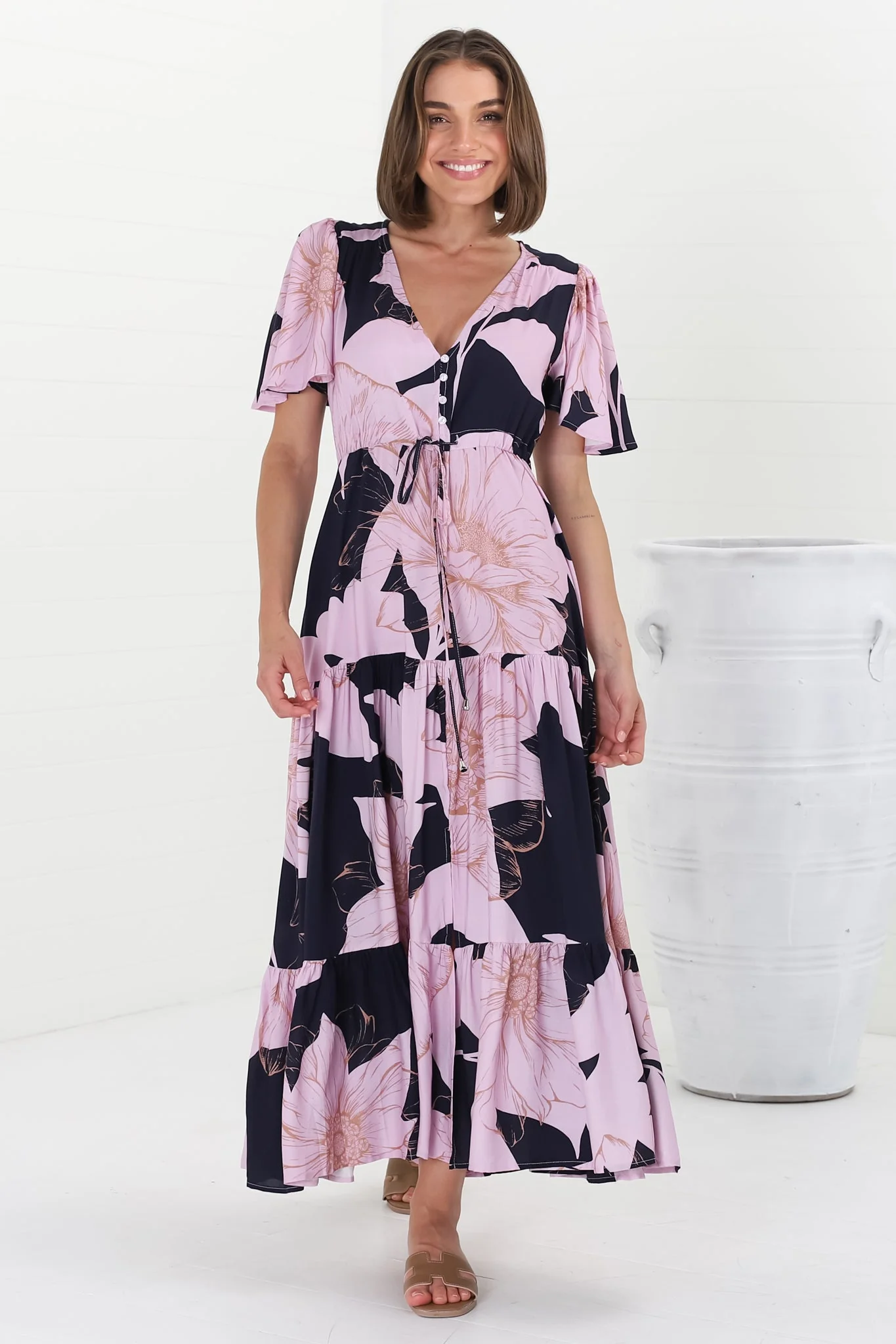 Ziggy Maxi Dress - Cap Sleeve Tiered Dress with Pull Tie Waist in Jaffa Print - Image 5
