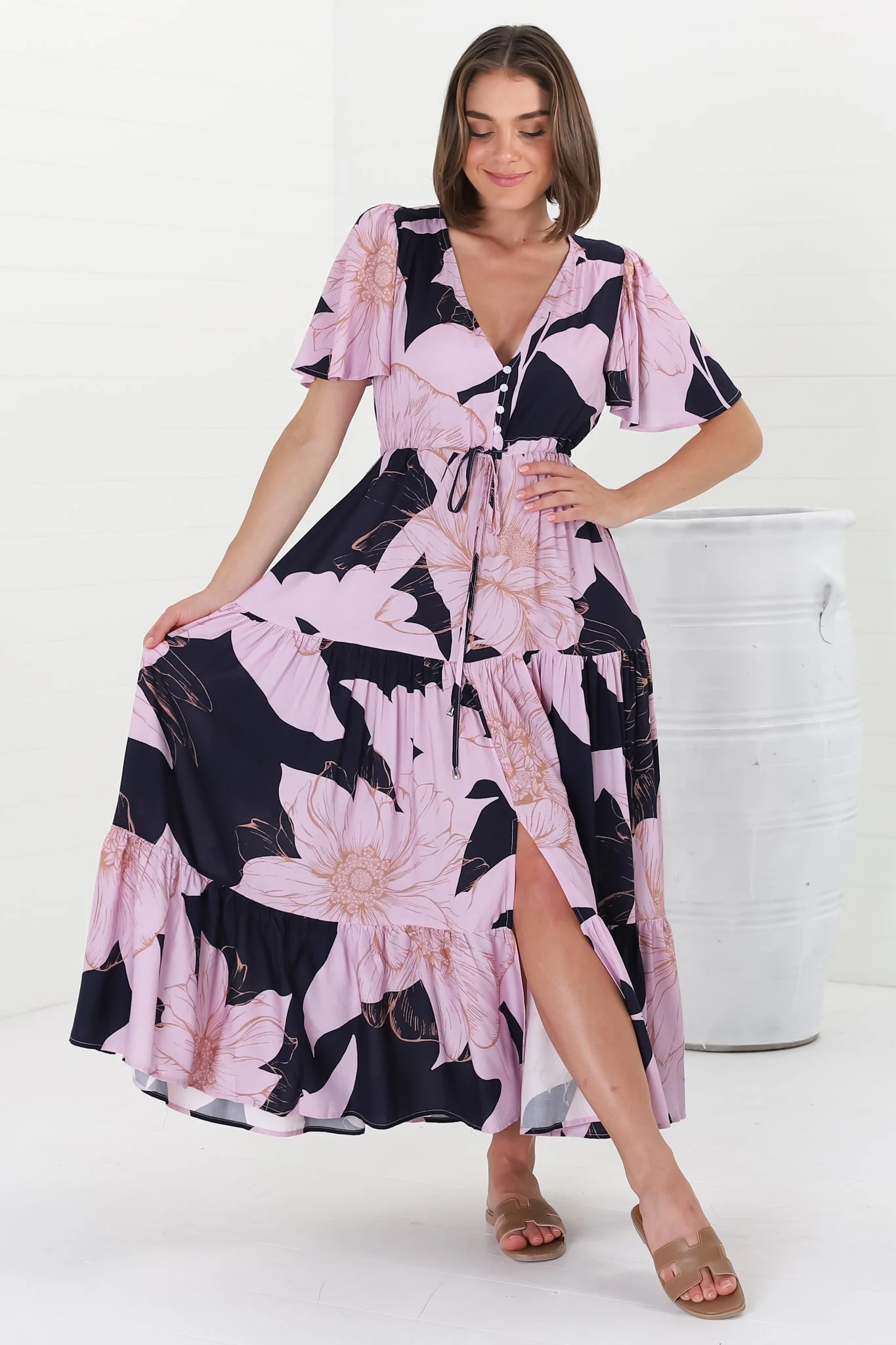 Ziggy Maxi Dress - Cap Sleeve Tiered Dress with Pull Tie Waist in Jaffa Print - Image 6