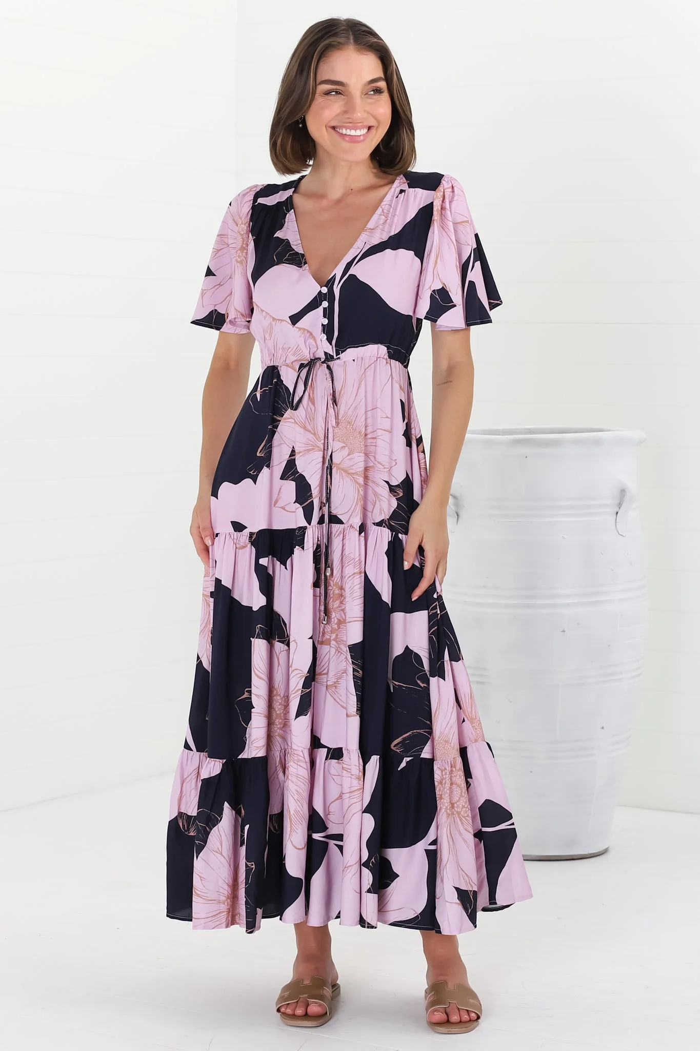 Ziggy Maxi Dress - Cap Sleeve Tiered Dress with Pull Tie Waist in Jaffa Print - Image 7