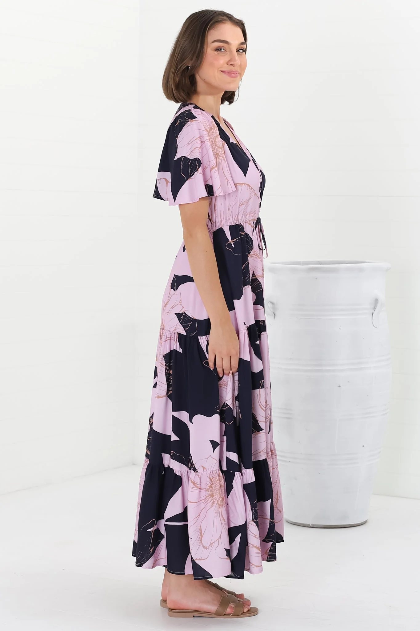Ziggy Maxi Dress - Cap Sleeve Tiered Dress with Pull Tie Waist in Jaffa Print - Image 8